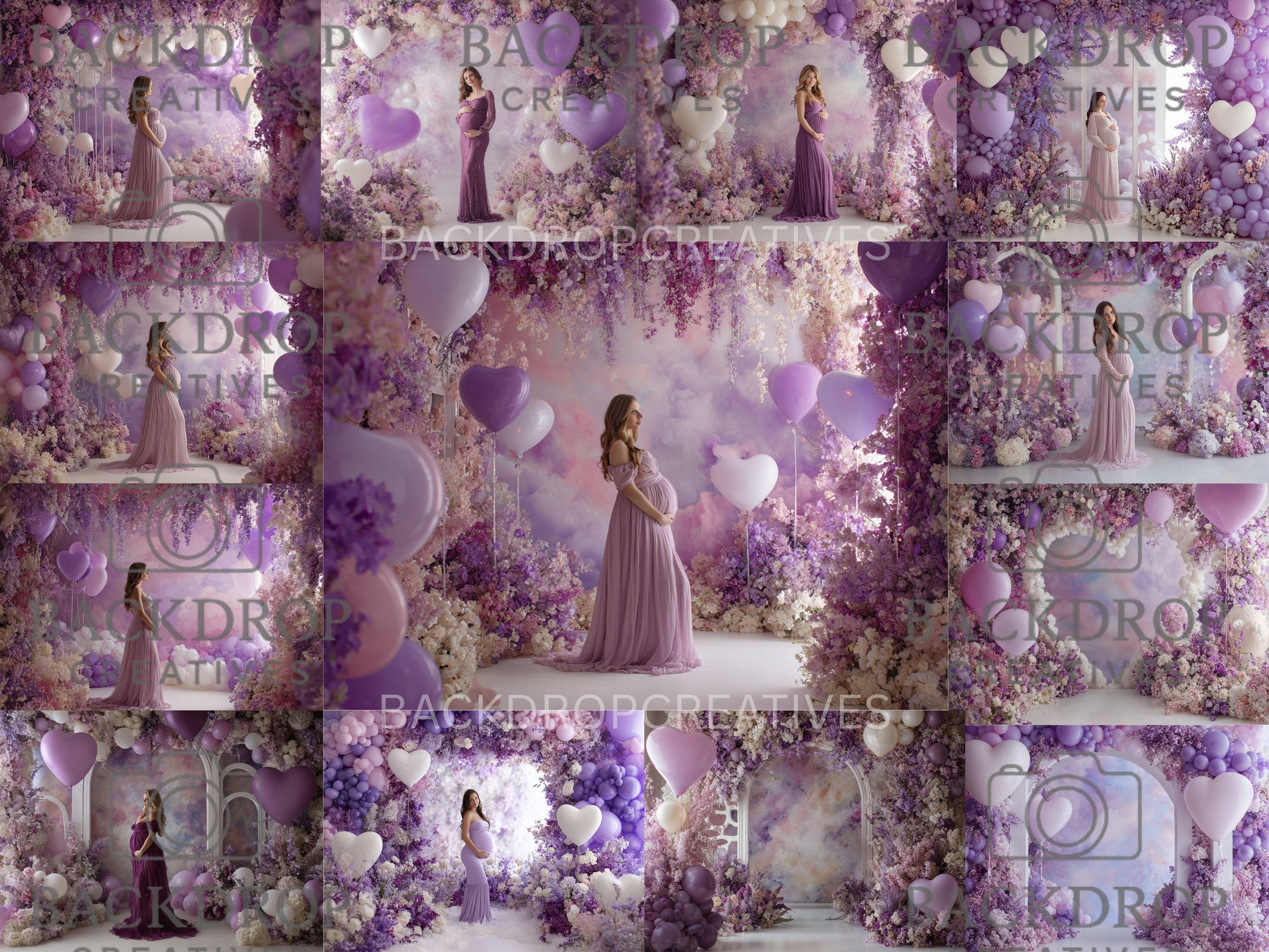 Purple Heart Balloon Digital Backdrop Set | Valentine's Day, Maternity, Baby Shower (Digital Download)