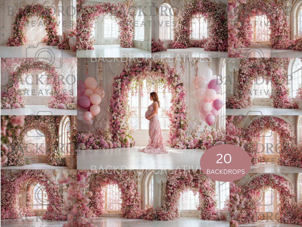 Baby Pink Flower Arch Digital Background Set | Maternity Bundle Backdrop | Baby Girl Shower