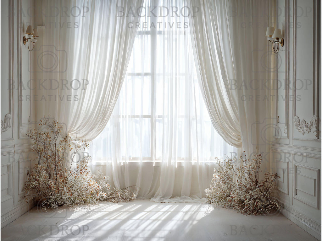 Airy White Sheer Curtains Window & Floral Studio Backdrops Set | Photography Background Bundle | Newborn, Maternity