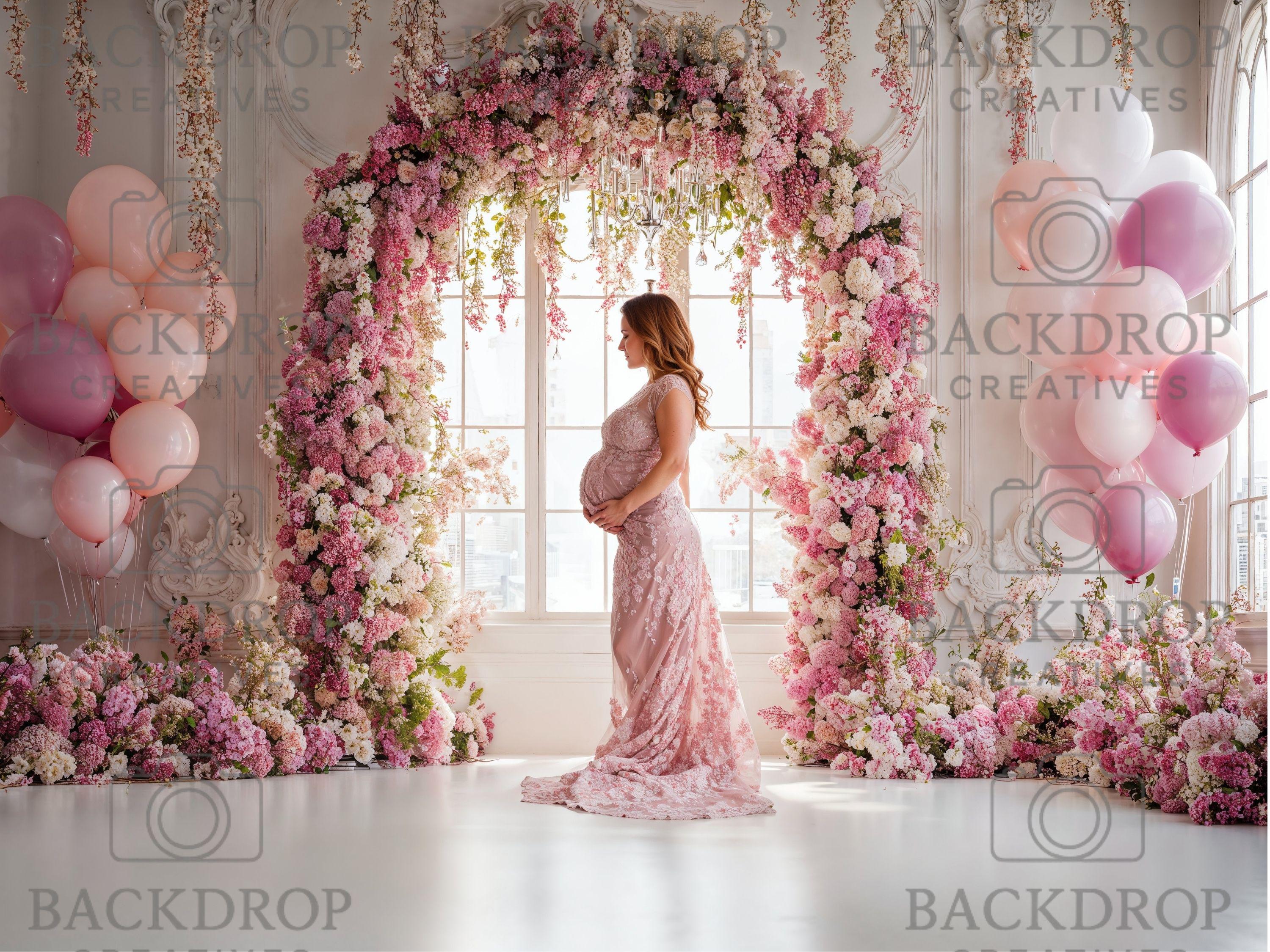 Baby Pink Flower Arch Set Background | Maternity Bundle Backdrop | Baby Girl Shower (Digital Download)