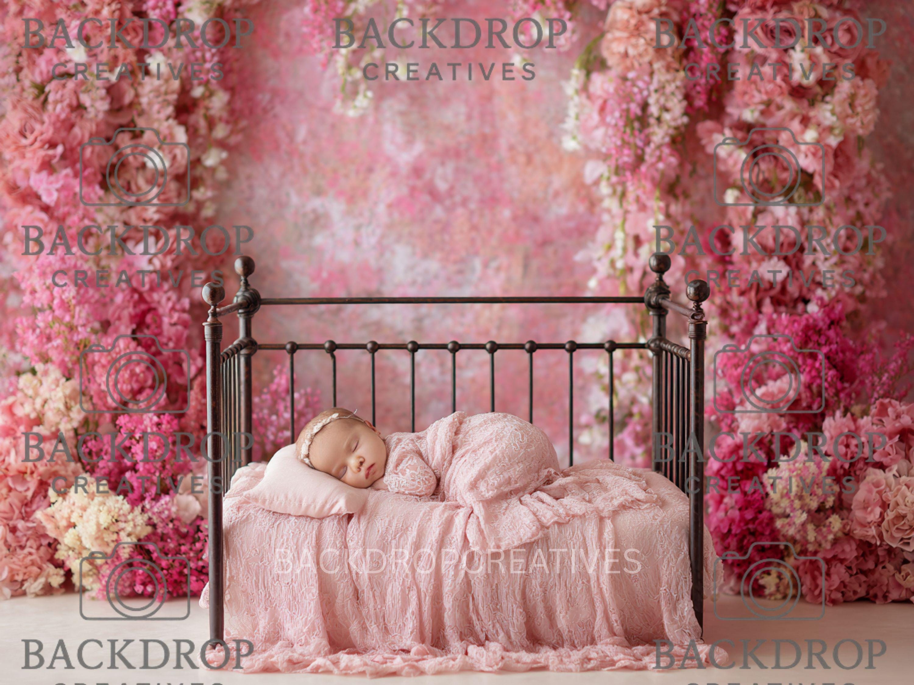 Iron Baby Pink Flower Bed 5 Digital Backdrop, Newborn Background, Baby Backdrop, Newborn Backdrops, Photoshop Background