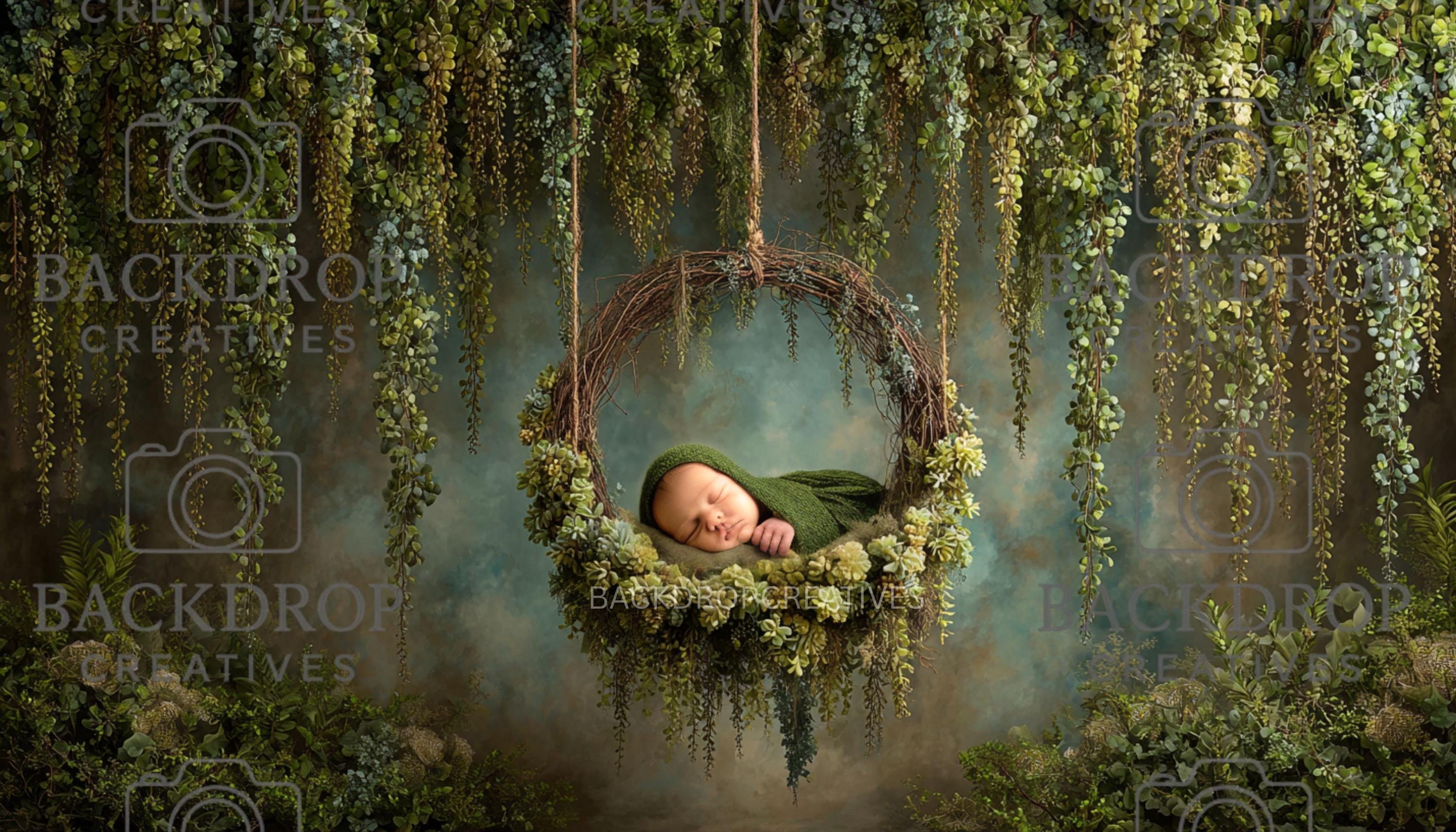 Green Forest Swing Digital Backdrop, Newborn photo backdrop, Newborn Prop, Photoshop Overlay