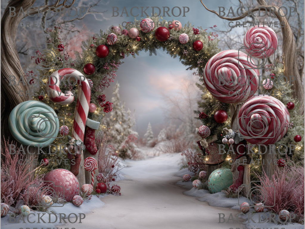 Winter Candy cane Backdrop | Snowy Photo Backdrop | Christmas Lollipop Backdrop | Holiday Photo Booth Christmas Backdrop (Digital Download)