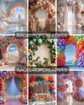 10 Kids Birthday Balloon Backdrops, Children Party Rainbow Balloon Arch Photography (Digital Download)