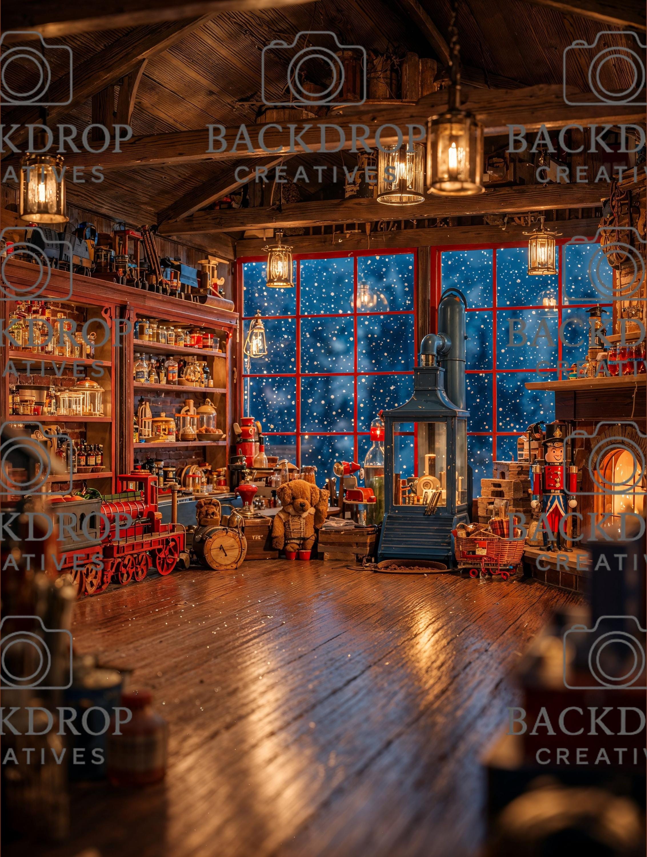 Santa Workshop Set Digital Backdrop, Photoshop Background Bundle, Christmas Photo, Studio Overlays