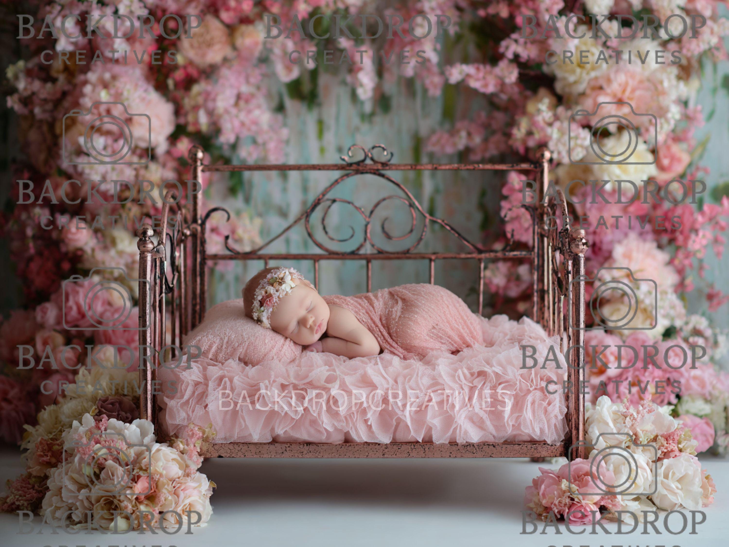 Iron Baby Pink Flower Bed 9 Digital Backdrop, Newborn Background, Baby Backdrop, Newborn Backdrops, Photoshop Background