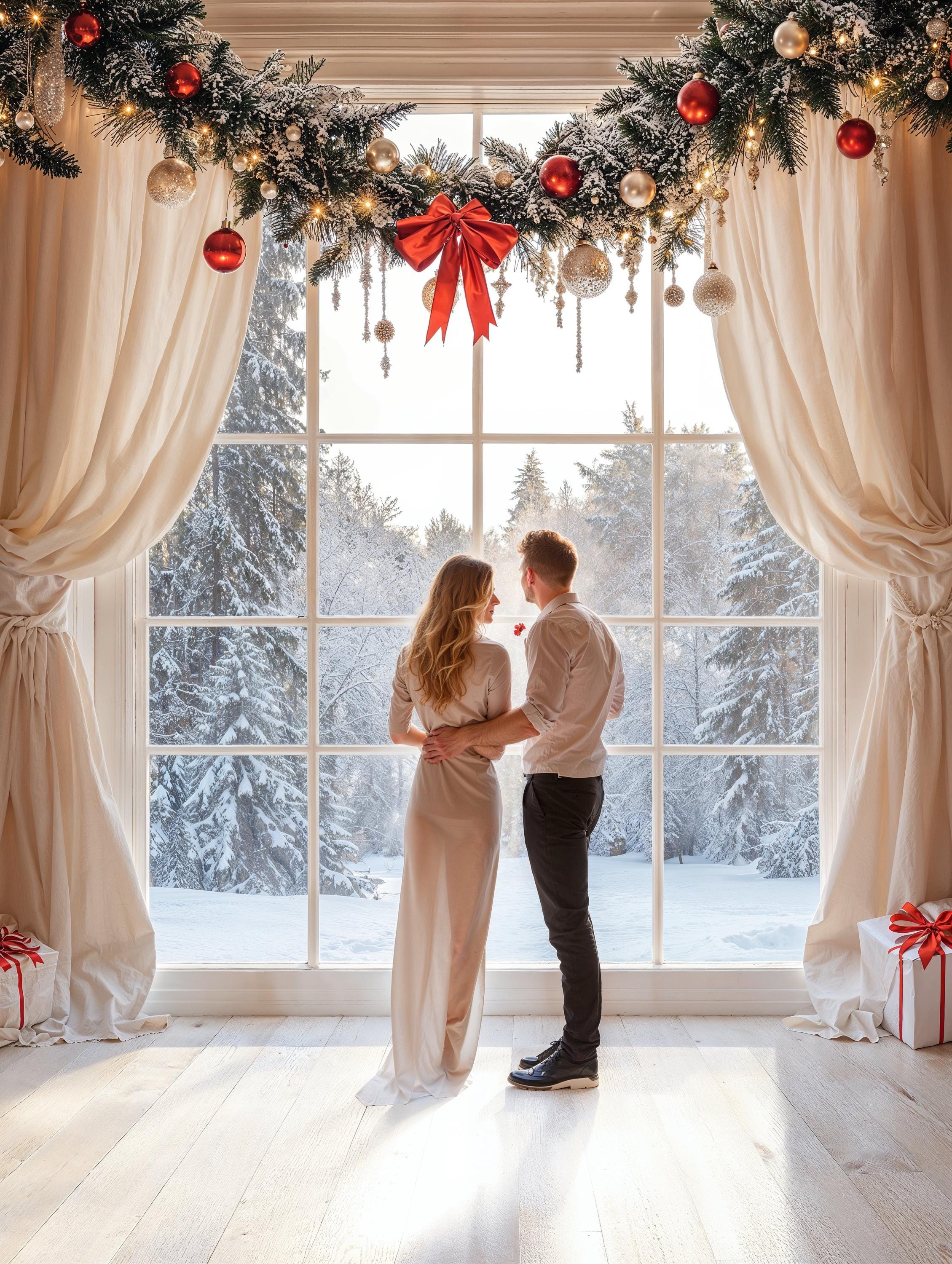 Winter Wonderland Window Digital Backdrop | Snowy Photo Backdrop | Romantic Winter | Holiday Photo Booth