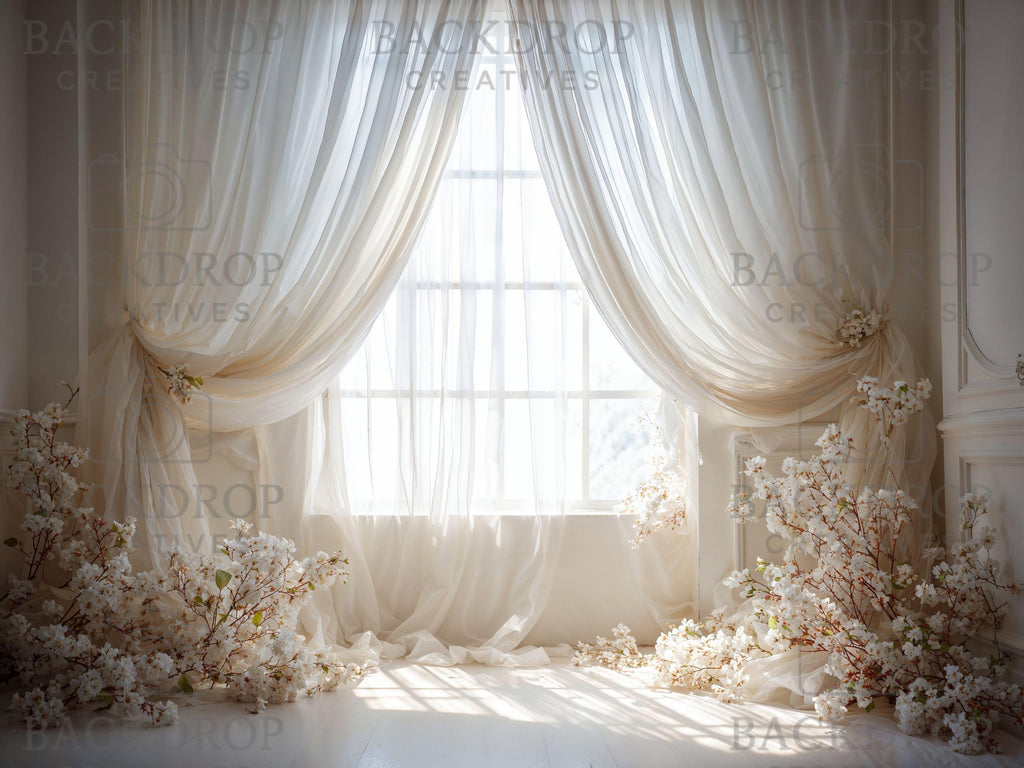 Airy White Sheer Curtains Window & Floral Studio Backdrops Set | Photography Background Bundle | Newborn, Maternity