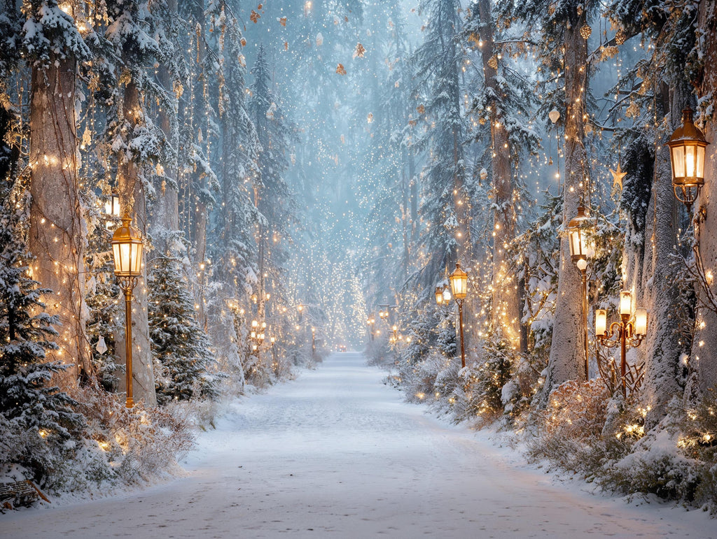 Winter Forest Lantern Digital Backdrop | Cozy Winter Lamp Backdrop | Snowy Photo Booth Christmas Backdrop (Digital Download)