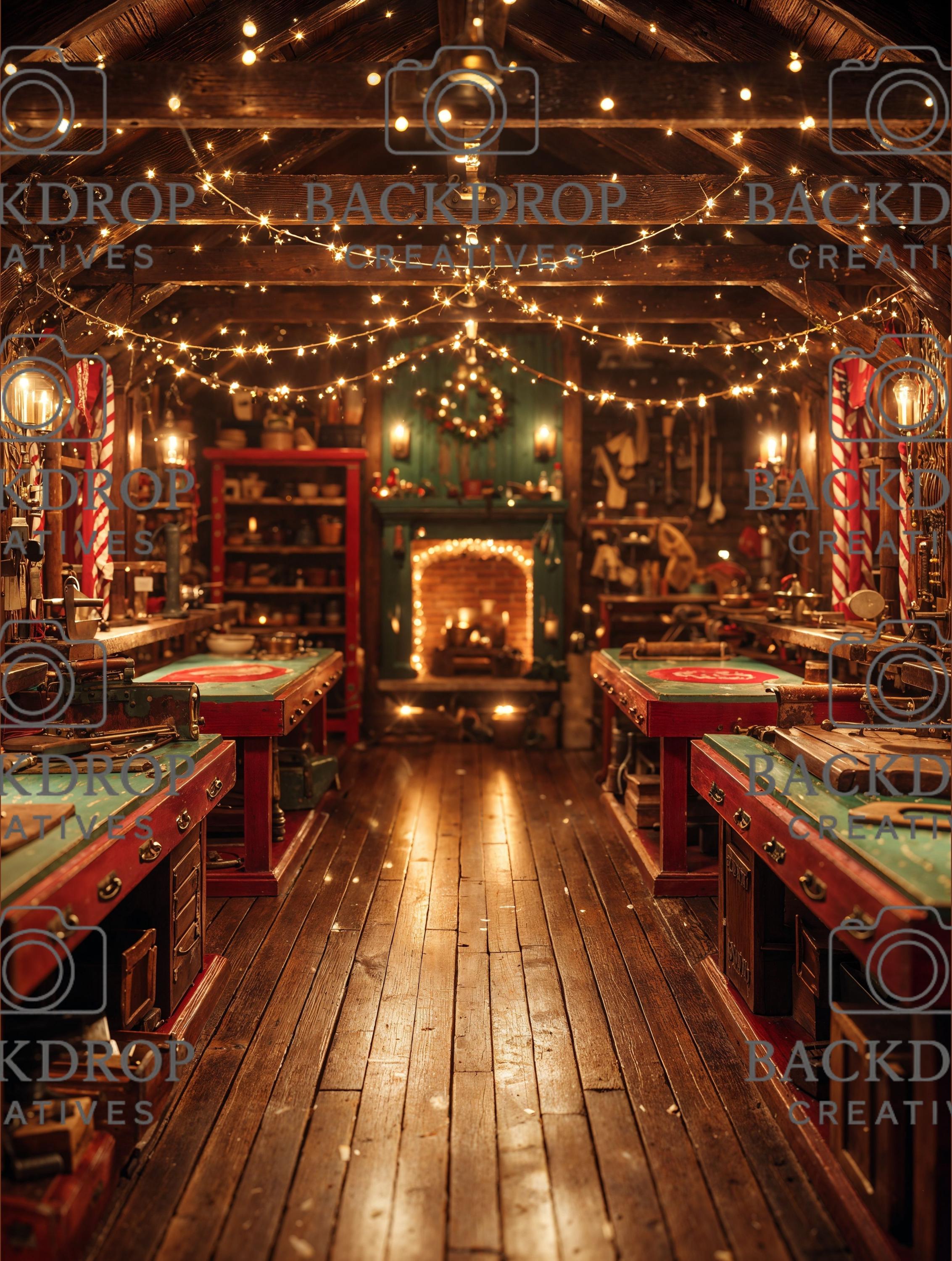 Santa Workshop Set Digital Backdrop, Photoshop Background Bundle, Christmas Photo, Studio Overlays