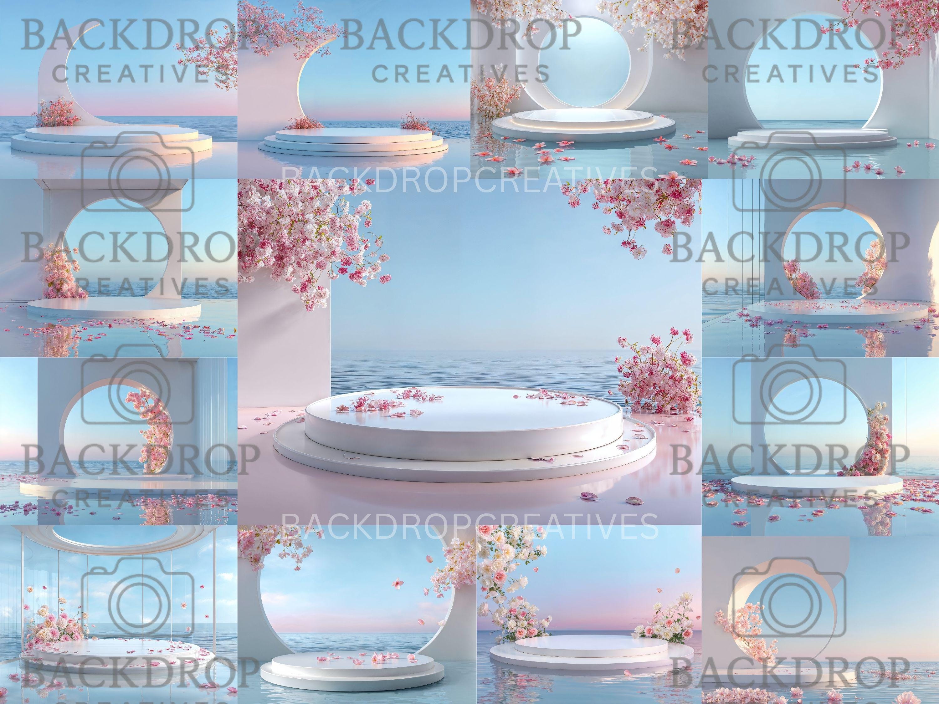 Water Podium Digital Backdrops Bundle – Pastel Ocean Sunset, Circular Arch Podium Stage & Cherry Blossom | Wedding, Maternity, Portrait
