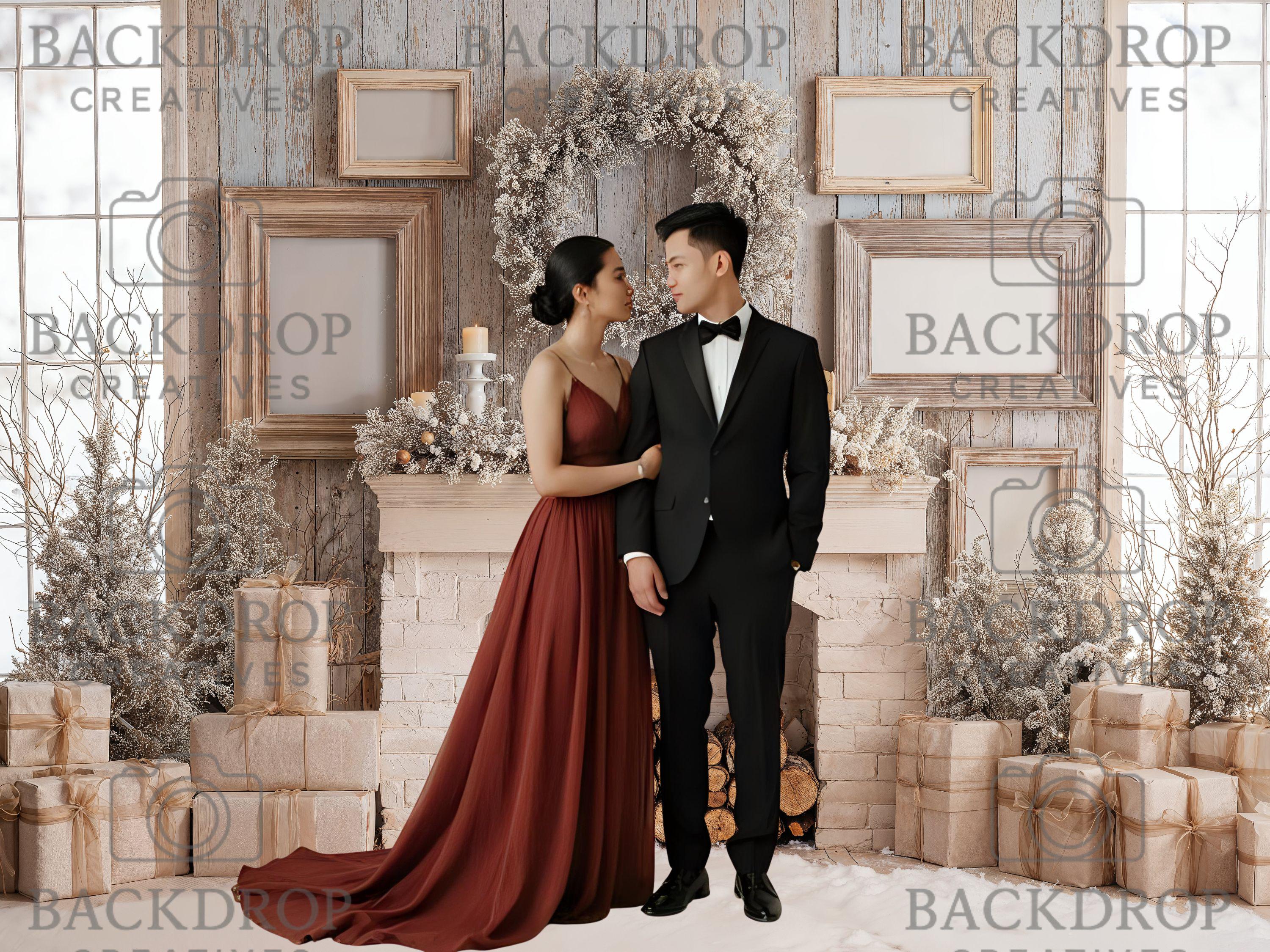 Snowy Winter Fireplace Backdrop | Christmas Party Decor | Holiday Booth (Digital Download)