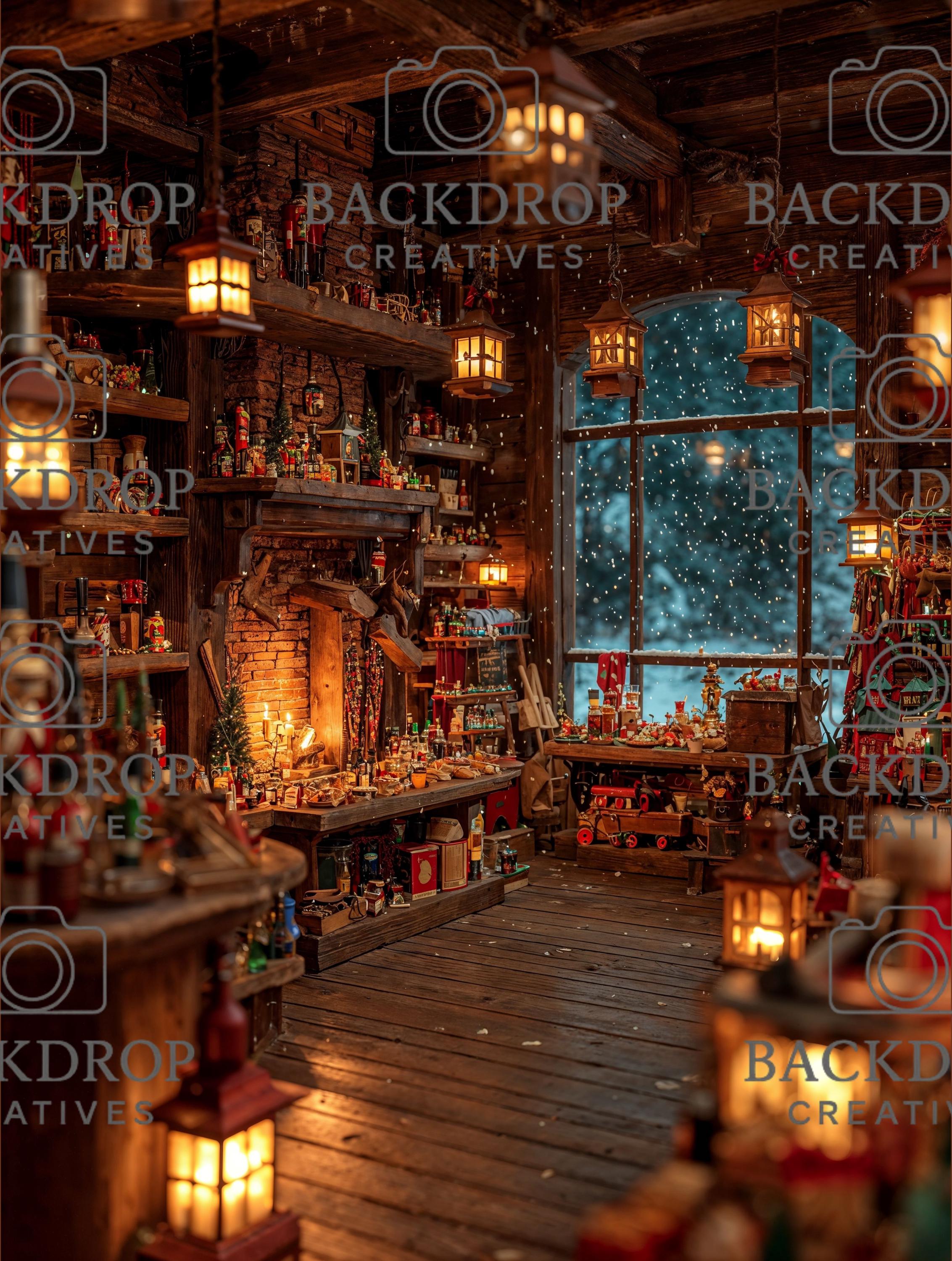 Santa Workshop Set Digital Backdrop, Photoshop Background Bundle, Christmas Photo, Studio Overlays