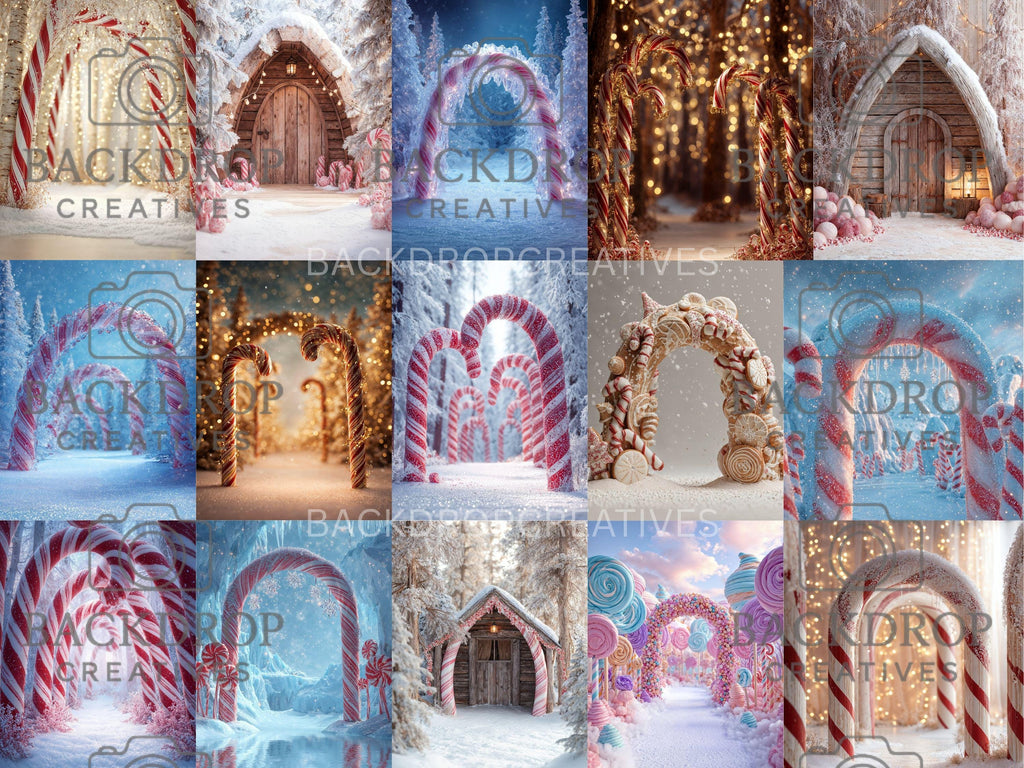Snowy Winter Candy Arch Set Digital Backdrop, Photoshop Background Bundle, Christmas Photo, Studio Overlays