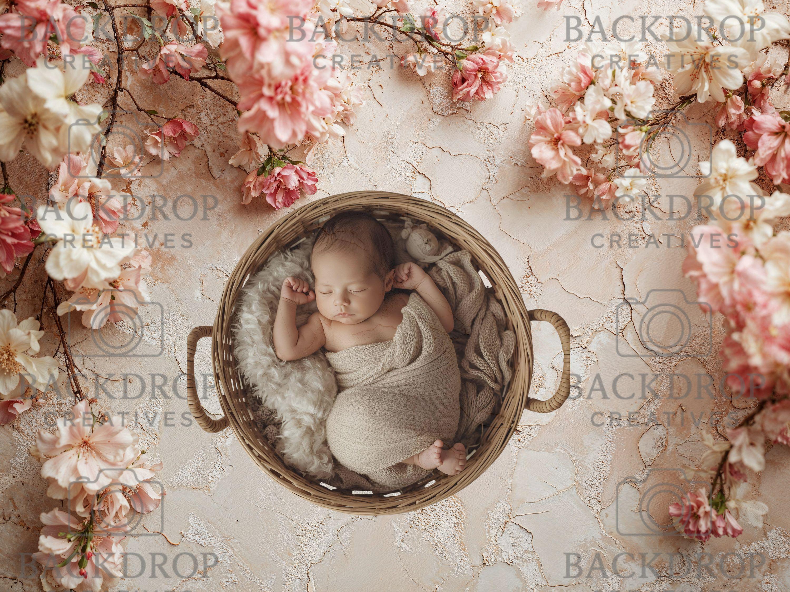 Boho Newborn Flower Basket Digital Backdrop, Newborn Overlay Prop, Pink Blossoms Backdrop, Photoshop Flower Background