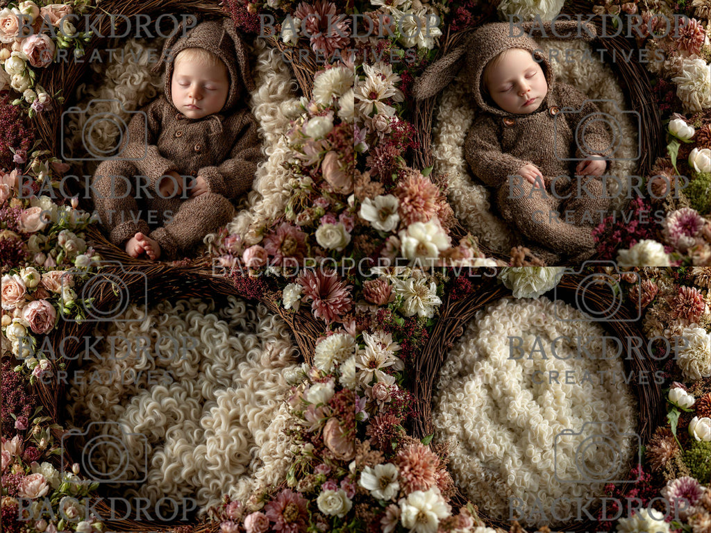 Boho Baby Basket Flower Digital Backdrop Set, Newborn Overlay Props, Newborn Backdrops, Photoshop Overlays, Floral Backgrounds