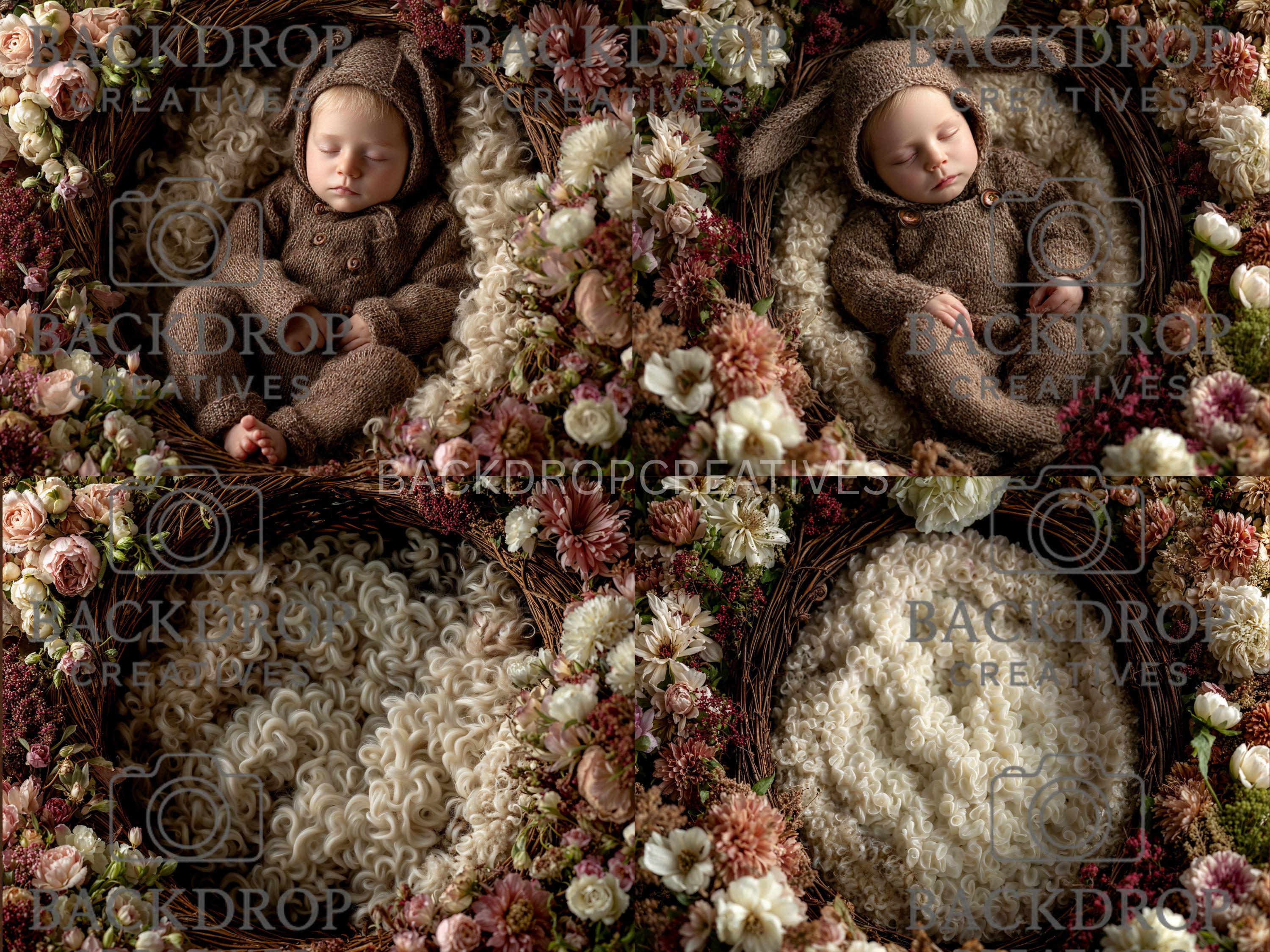 Boho Baby Basket Flower Digital Backdrop Set, Newborn Overlay Props, Newborn Backdrops, Photoshop Overlays, Floral Backgrounds