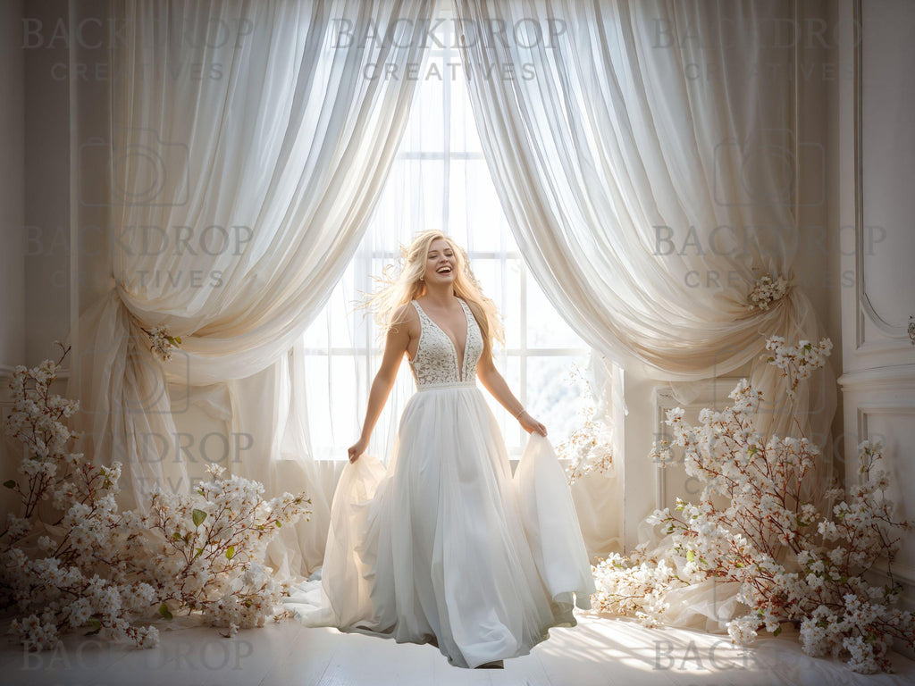 Airy White Sheer Curtains Window & Floral Studio Backdrops Set | Photography Background Bundle | Newborn, Maternity