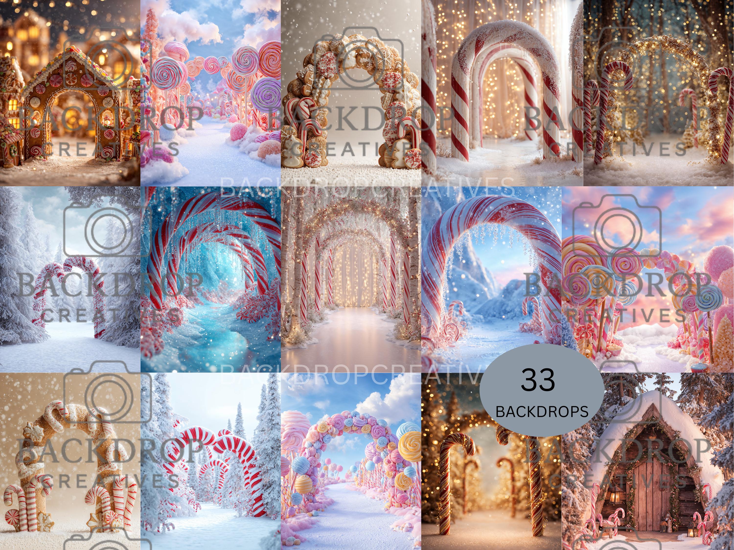 Snowy Winter Candy Arch Set Digital Backdrop, Photoshop Background Bundle, Christmas Photo, Studio Overlays