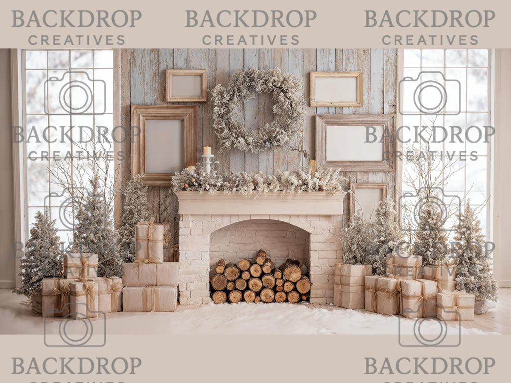 Snowy Winter Fireplace Backdrop | Christmas Party Decor | Holiday Booth (Digital Download)