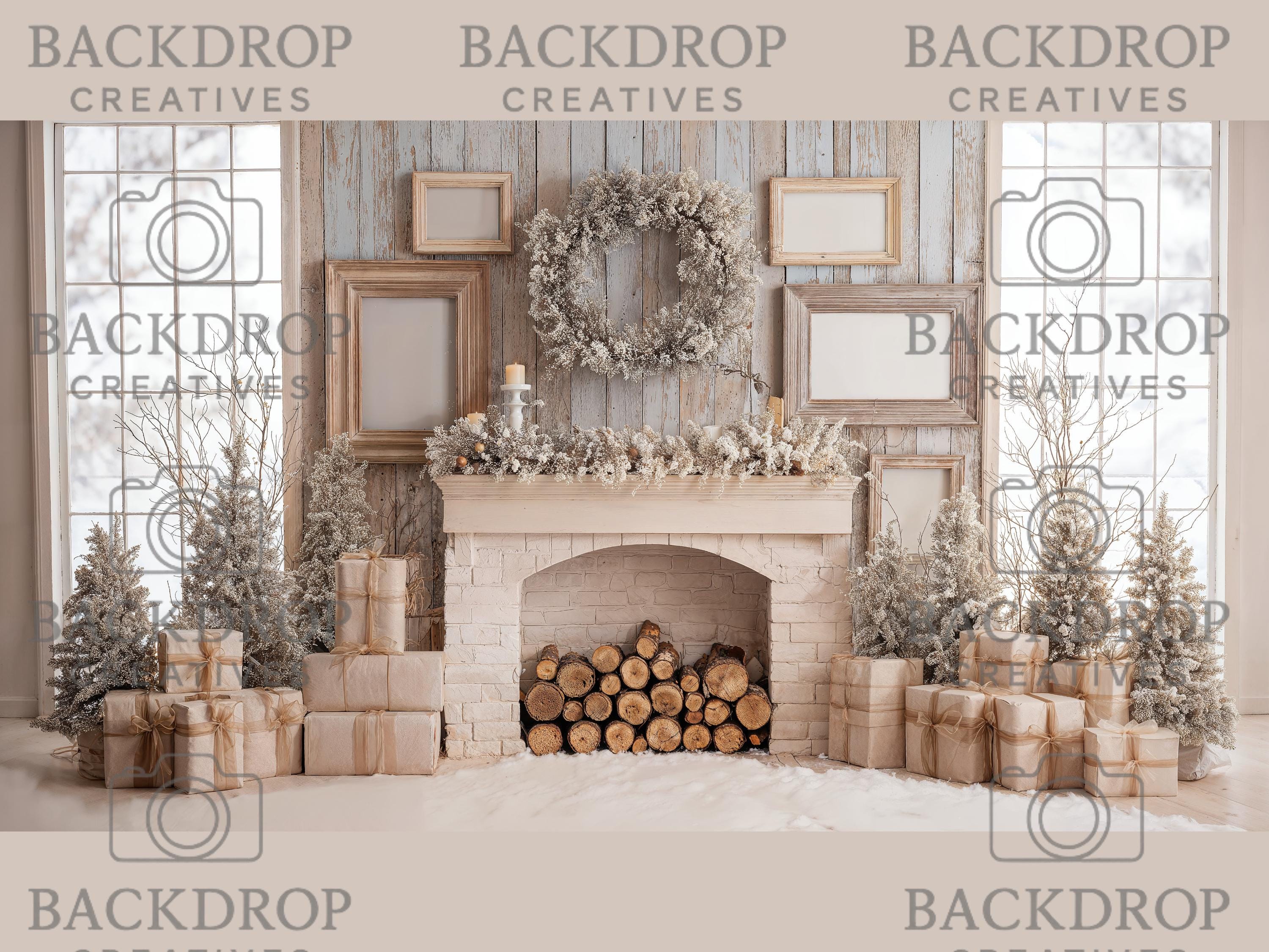 Snowy Winter Fireplace Backdrop | Christmas Party Decor | Holiday Booth (Digital Download)