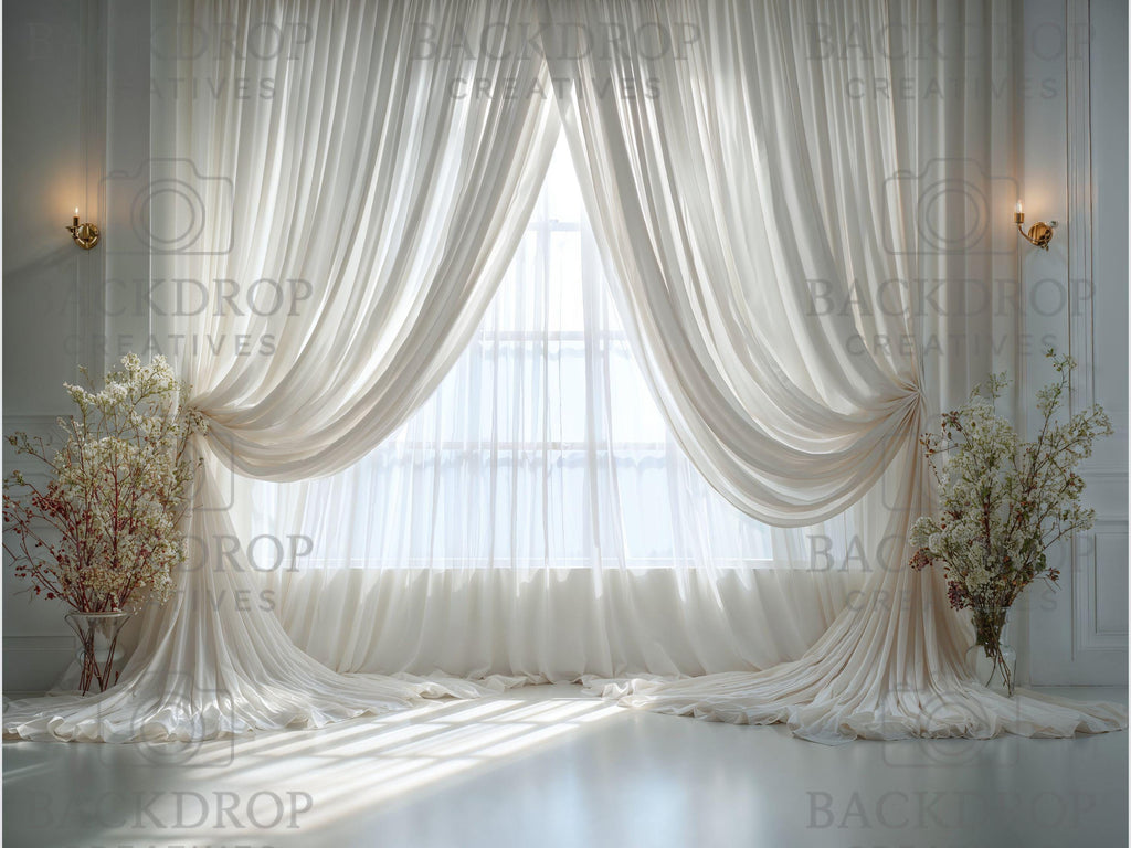 Airy White Sheer Curtains Window & Floral Studio Backdrops Set | Photography Background Bundle | Newborn, Maternity