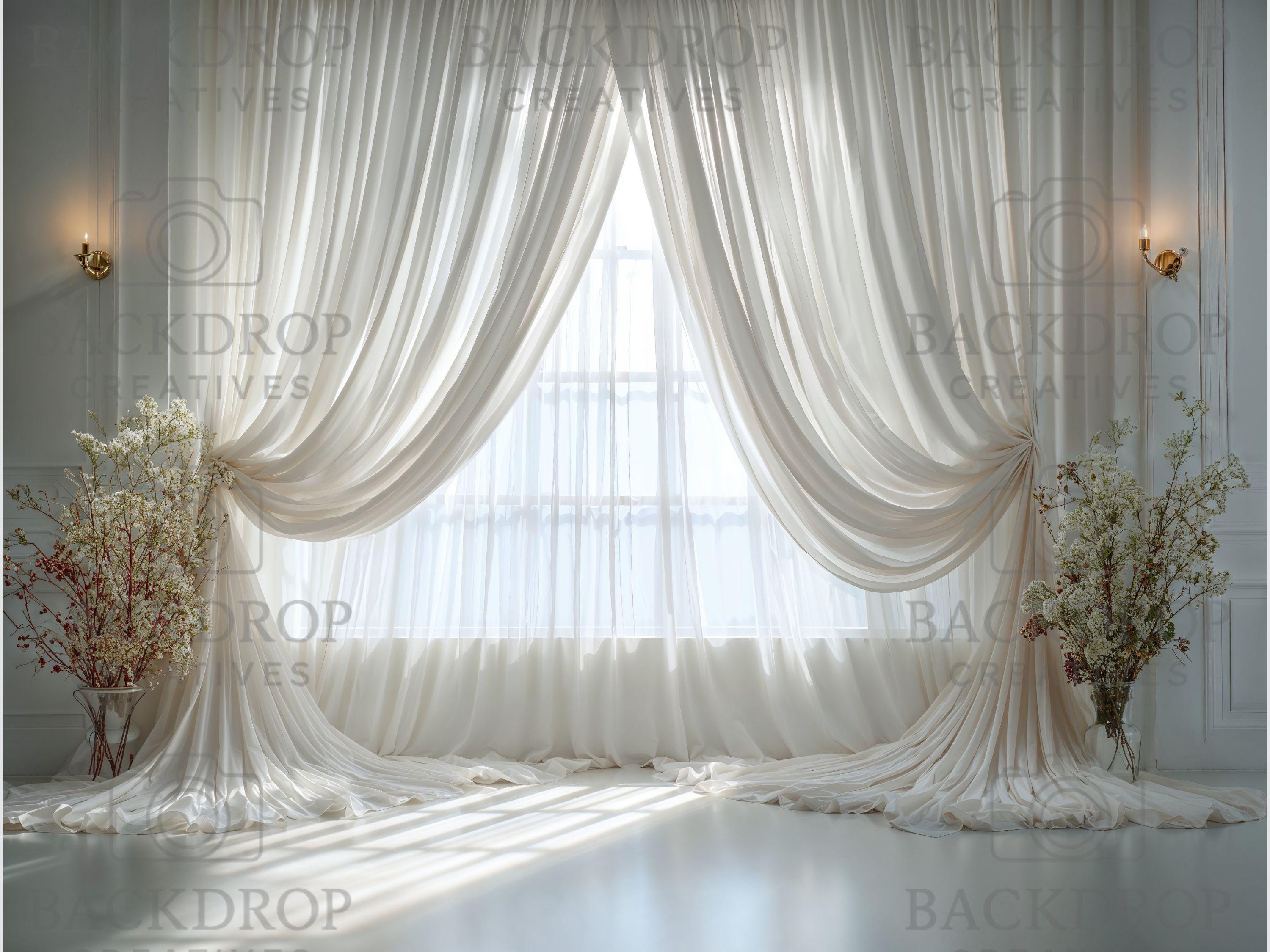 Airy White Sheer Curtains Window & Floral Studio Backdrops Set | Photography Background Bundle | Newborn, Maternity