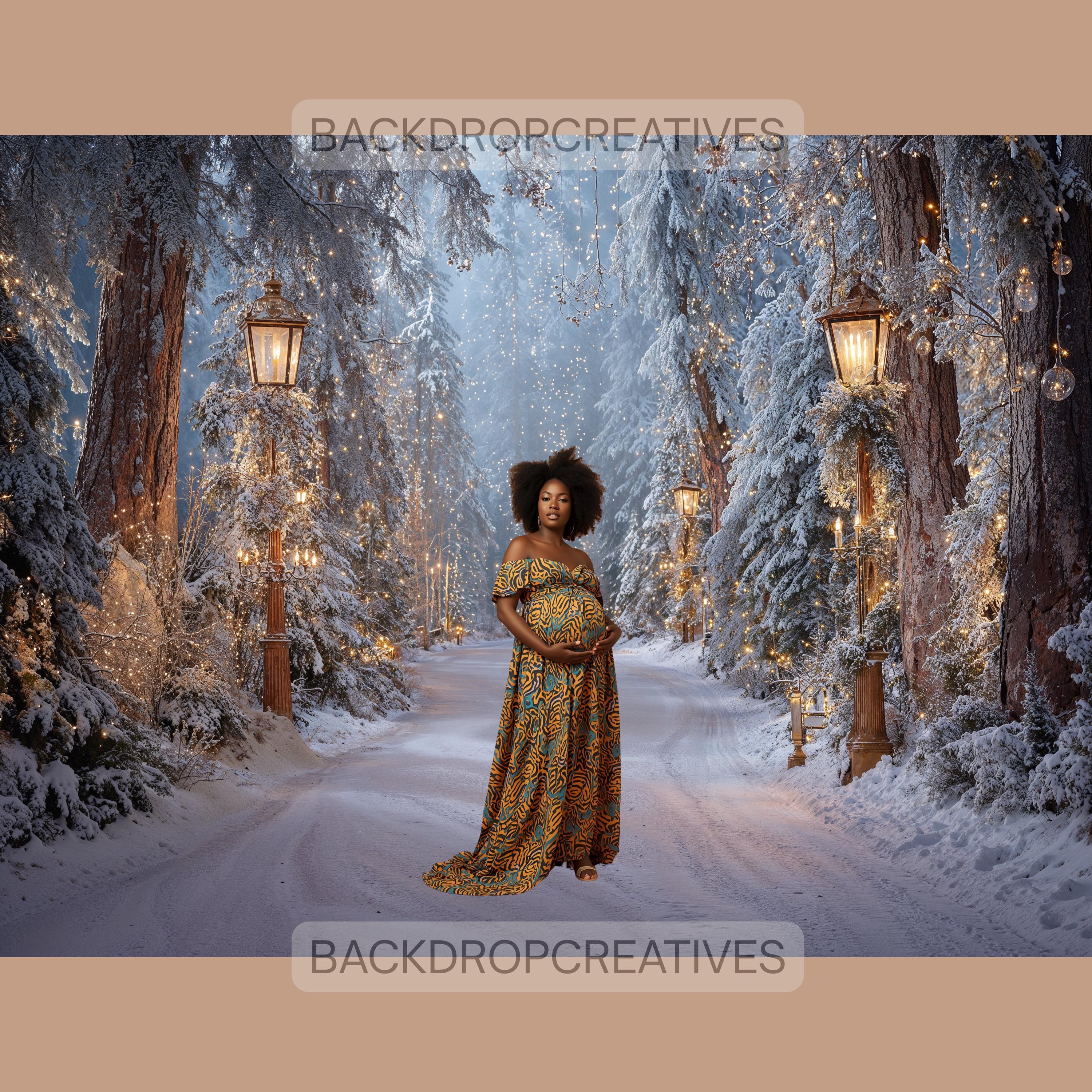 Winter Forest Lantern Digital Backdrop | Cozy Winter Lamp Backdrop | Snowy Photo Booth Christmas Backdrop (Digital Download)