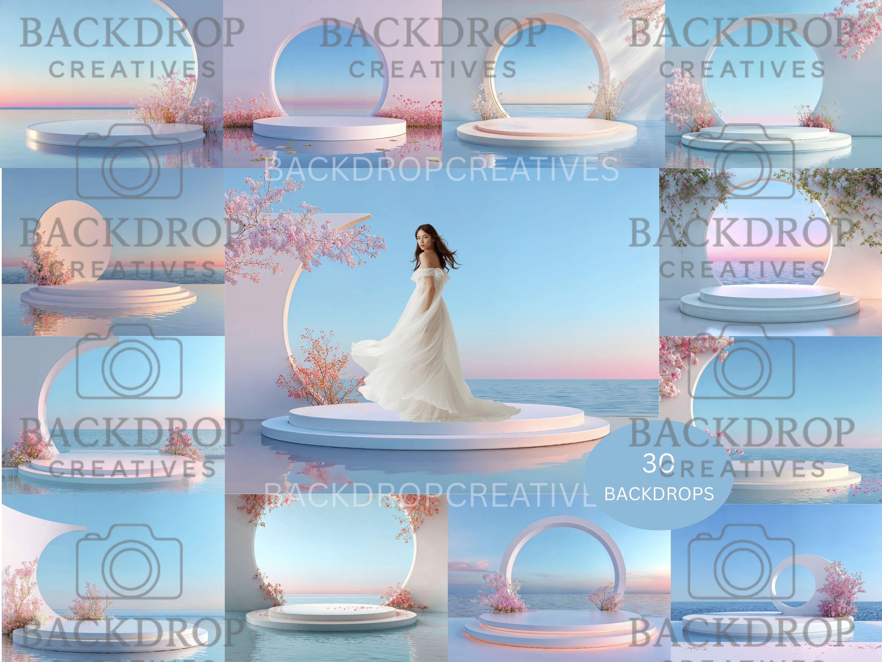 Water Podium Digital Backdrops Bundle – Pastel Ocean Sunset, Circular Arch Podium Stage & Cherry Blossom | Wedding, Maternity, Portrait