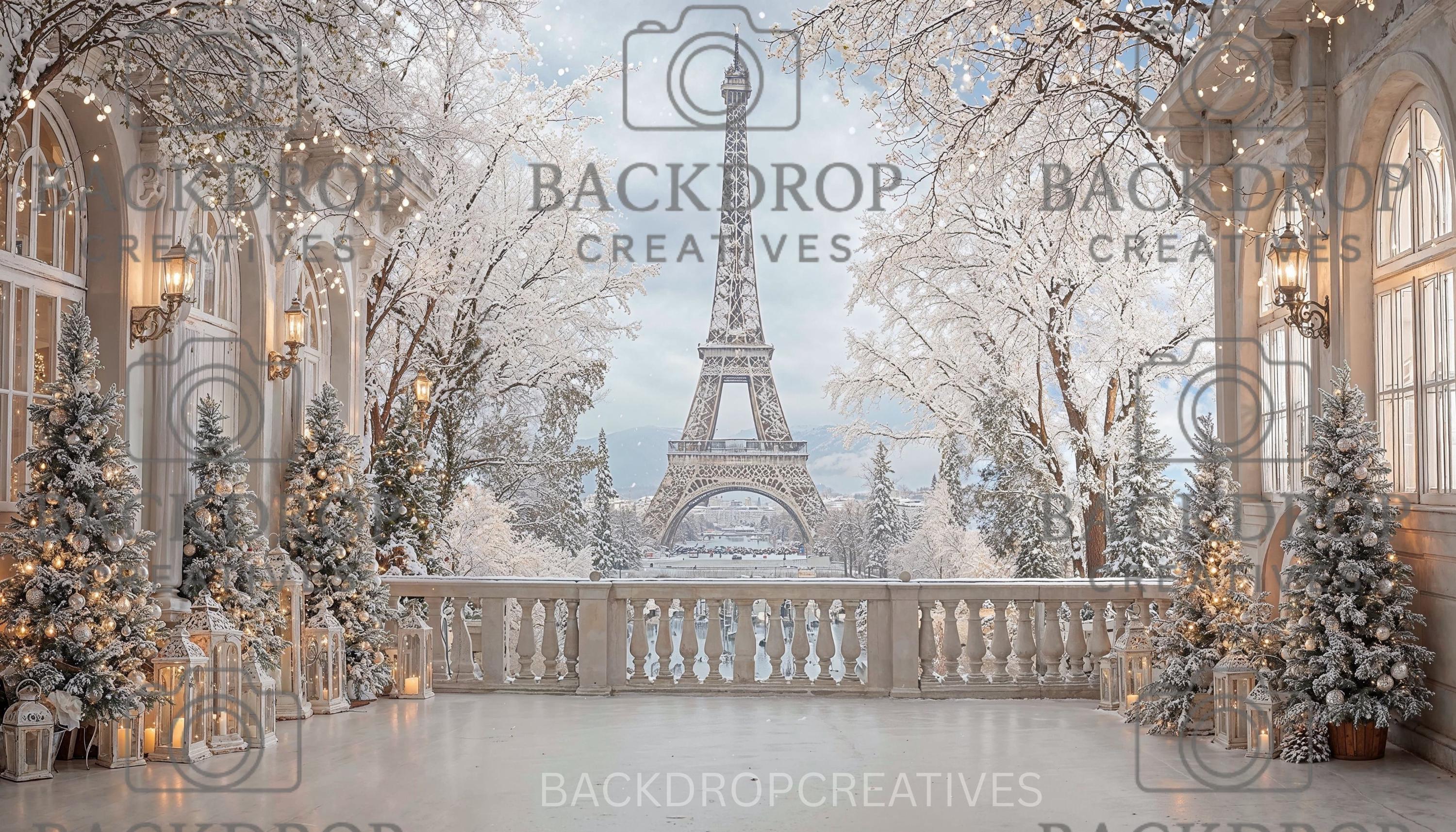 Winter in Paris Holiday Backdrop | Eiffel Tower | Snowy Photo Booth Background (Digital Download)