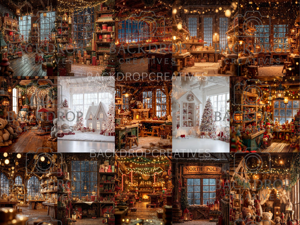 Santa Workshop Set Digital Backdrop, Photoshop Background Bundle, Christmas Photo, Studio Overlays