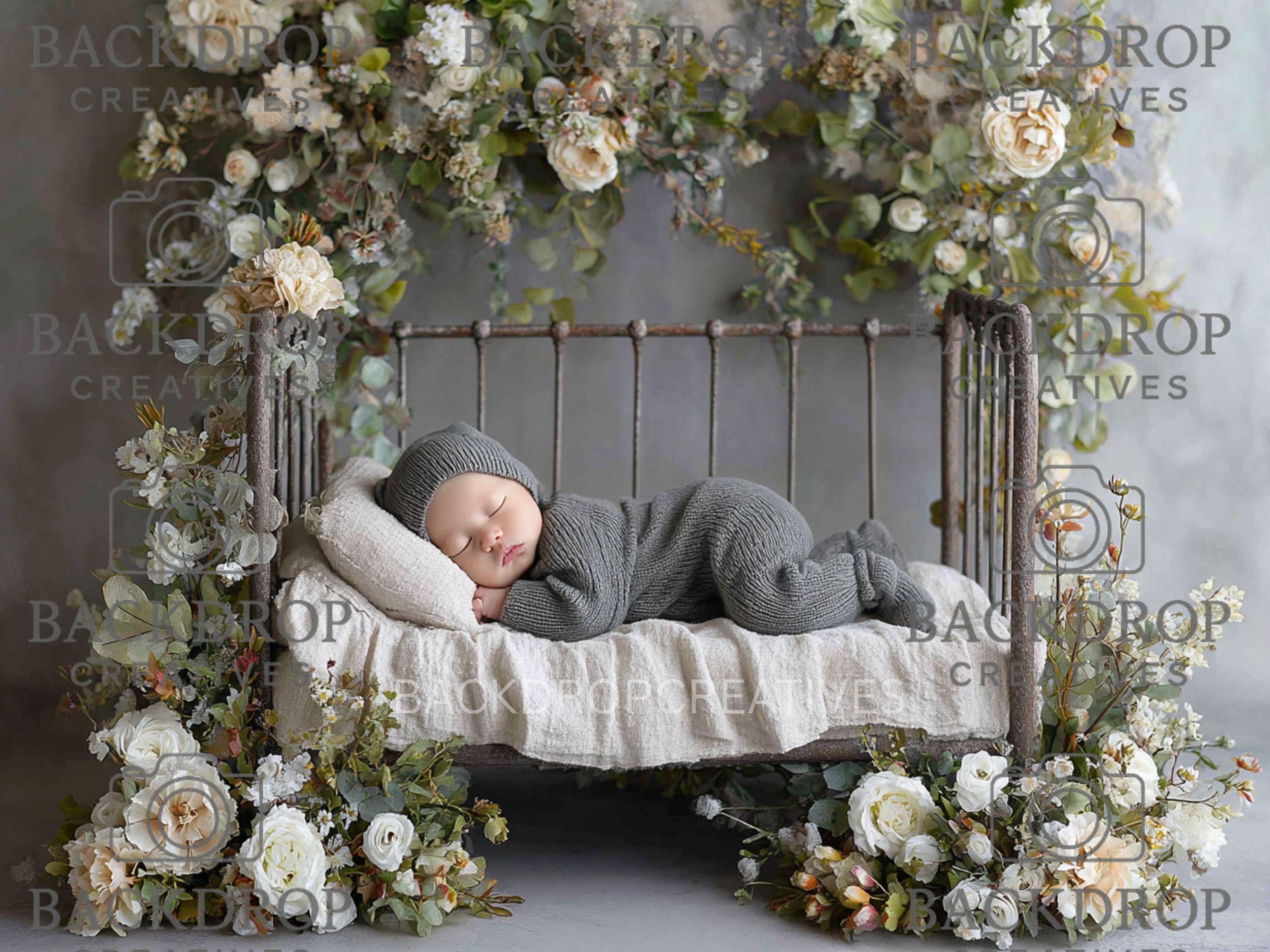 Iron Baby Flower Bed 13 Digital Backdrop, Newborn Background, Baby Backdrop, Newborn Backdrops, Photoshop Background