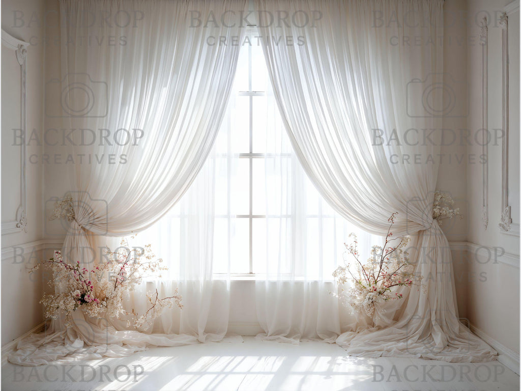 Airy White Sheer Curtains Window & Floral Studio Backdrops Set | Photography Background Bundle | Newborn, Maternity