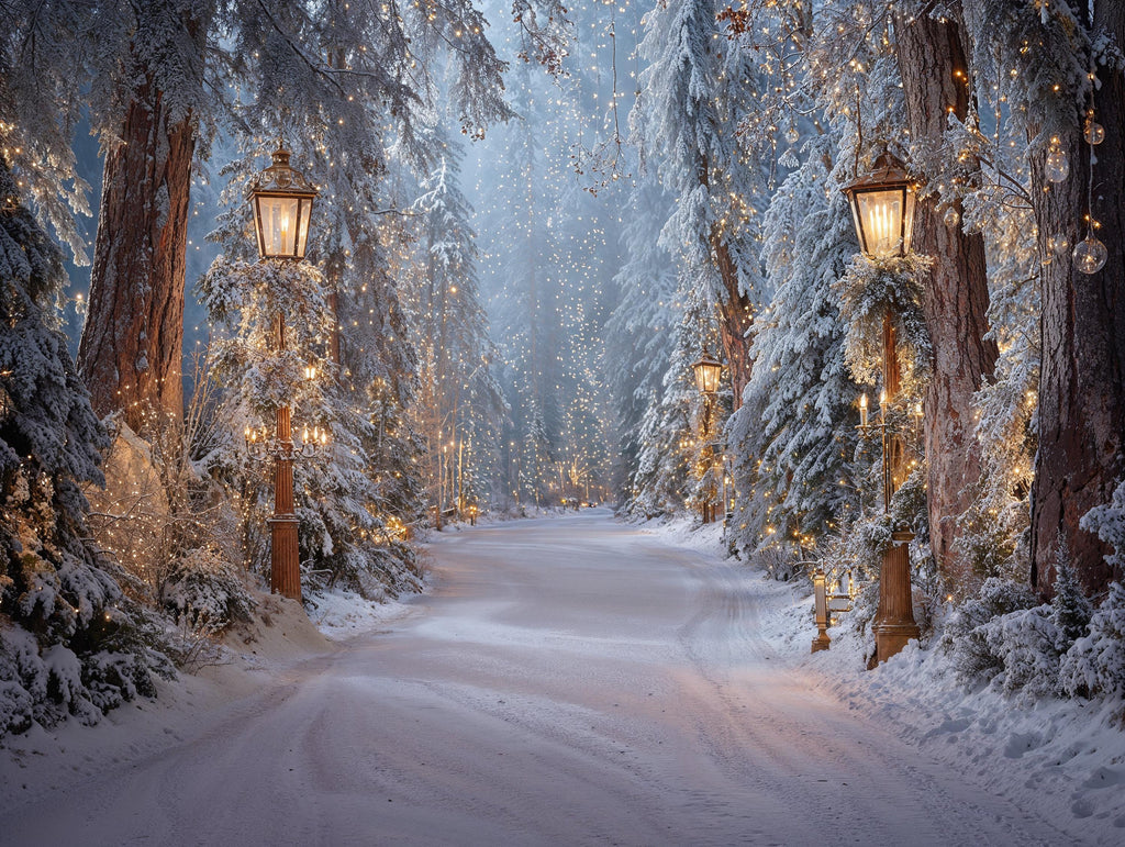 Winter Forest Lantern Digital Backdrop | Cozy Winter Lamp Backdrop | Snowy Photo Booth Christmas Backdrop (Digital Download)