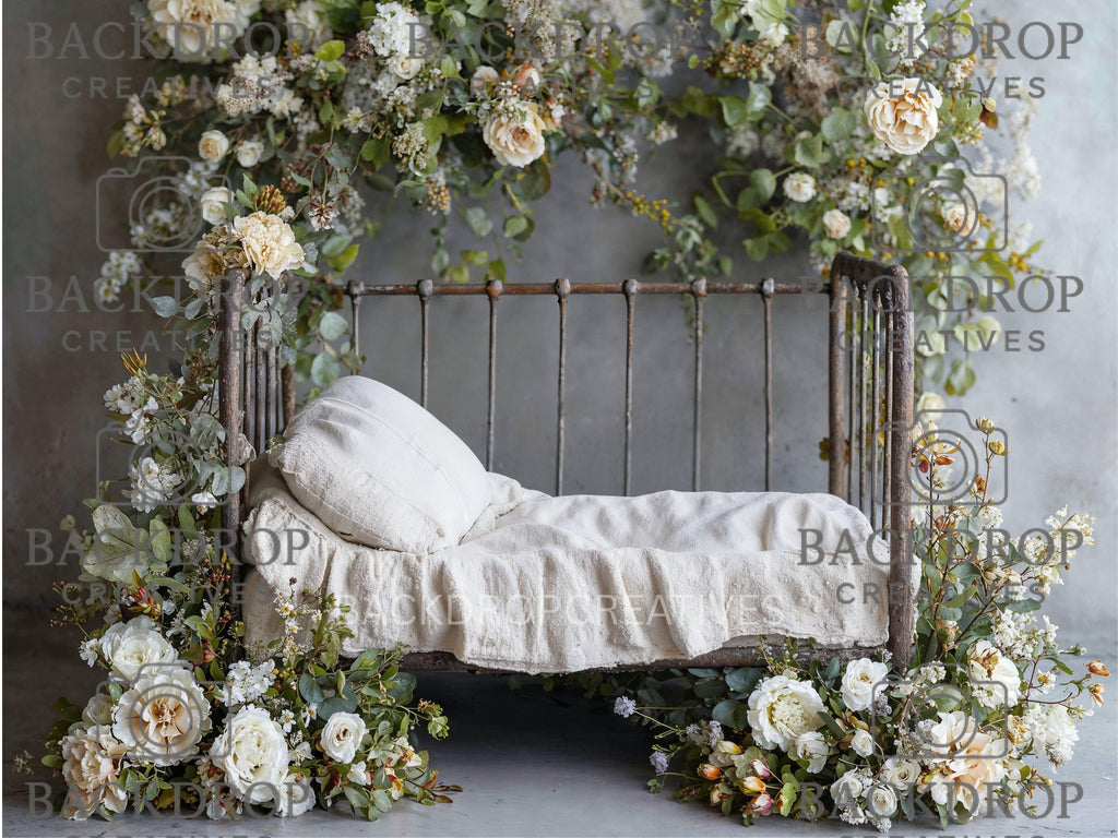 Iron Baby Flower Bed 13 Digital Backdrop, Newborn Background, Baby Backdrop, Newborn Backdrops