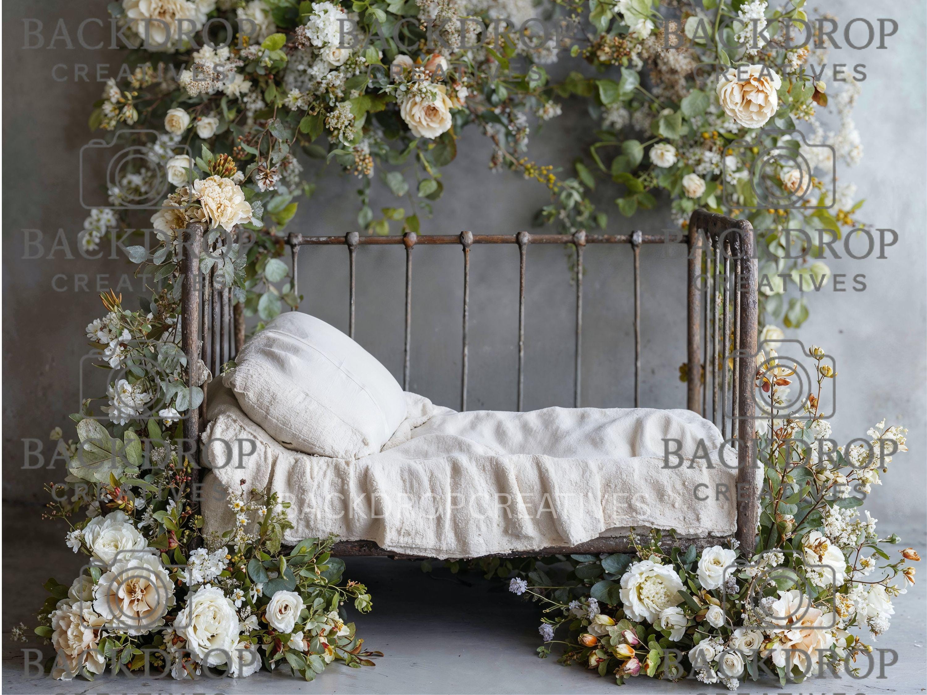 Iron Baby Flower Bed 13 Digital Backdrop, Newborn Background, Baby Backdrop, Newborn Backdrops, Photoshop Background