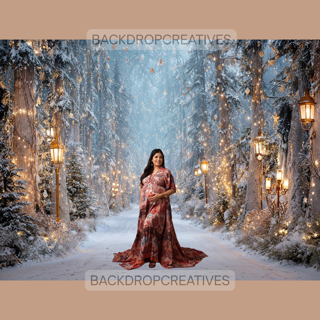 Winter Forest Lantern Digital Backdrop | Cozy Winter Lamp Backdrop | Snowy Photo Booth Christmas Backdrop (Digital Download)