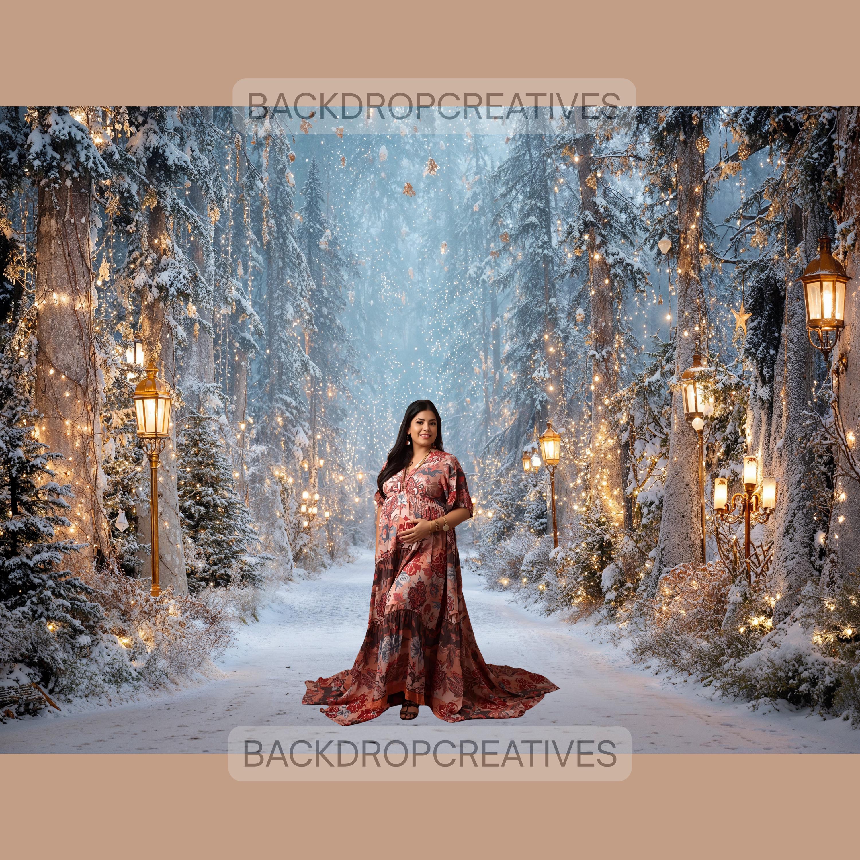 Winter Forest Lantern Digital Backdrop | Cozy Winter Lamp Backdrop | Snowy Photo Booth Christmas Backdrop (Digital Download)