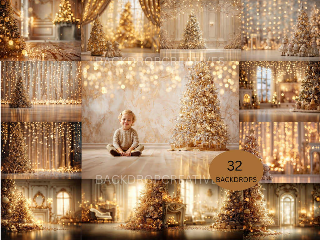 Gold Christmas Baby Toddler Set Digital Backdrops Bundle, Child Backdrops, Studio Overlays