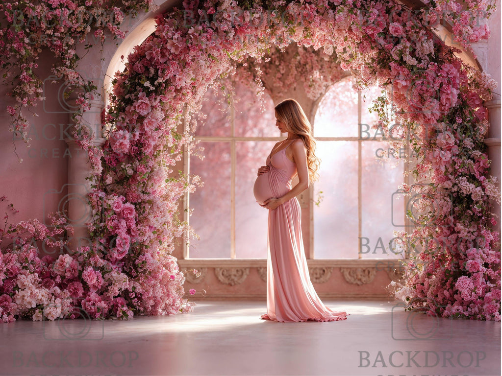 Baby Pink Flower Arch Digital Background Set | Maternity Bundle Backdrop | Baby Girl Shower