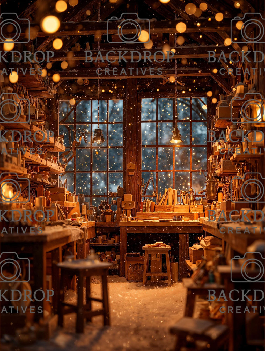 Santa Workshop Set Digital Backdrop, Photoshop Background Bundle, Christmas Photo, Studio Overlays