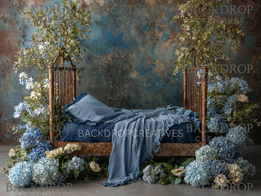 Iron Baby Blue Flower Bed 8 Digital Backdrop, Newborn Background, Baby Backdrop, Newborn Backdrops