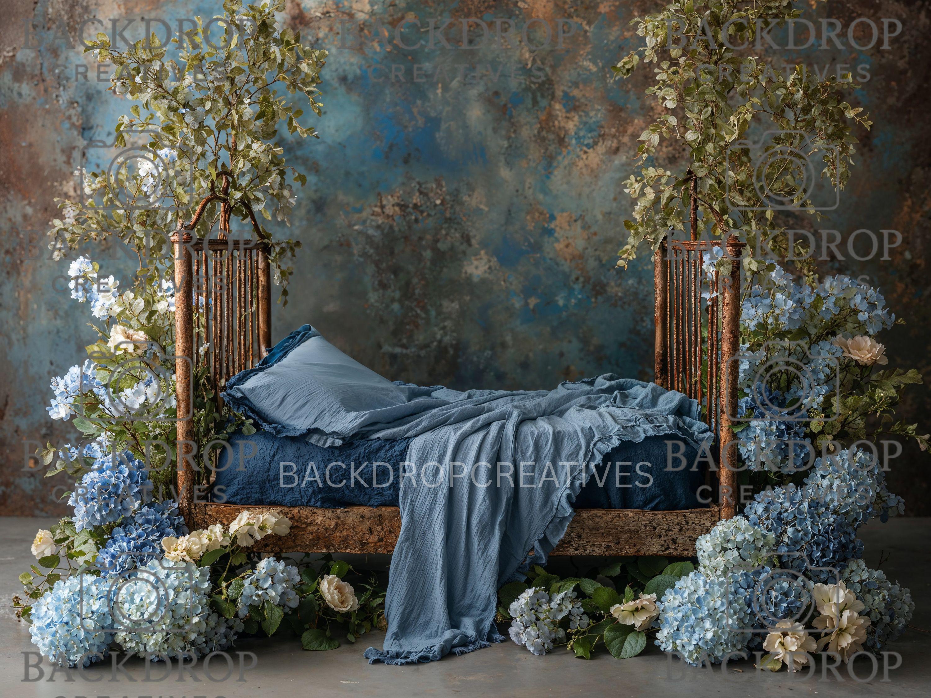 Iron Baby Blue Flower Bed 8 Digital Backdrop, Newborn Background, Baby Backdrop, Newborn Backdrops, Photoshop Background