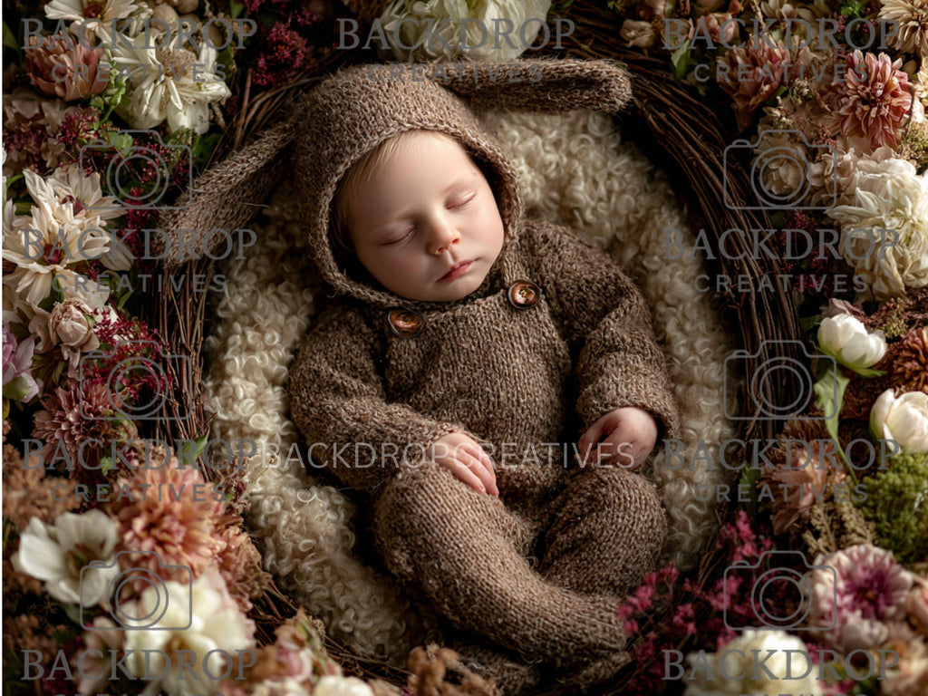 Boho Baby Basket Flower Digital Backdrop Set, Newborn Overlay Props, Newborn Backdrops, Photoshop Overlays, Floral Backgrounds
