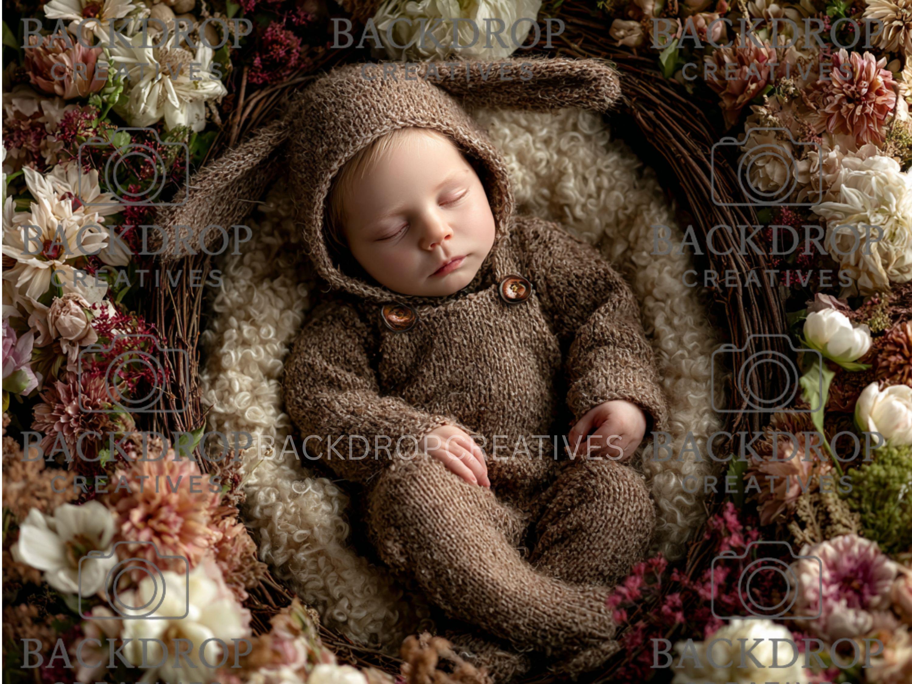 Boho Baby Basket Flower Digital Backdrop Set, Newborn Overlay Props, Newborn Backdrops, Photoshop Overlays, Floral Backgrounds