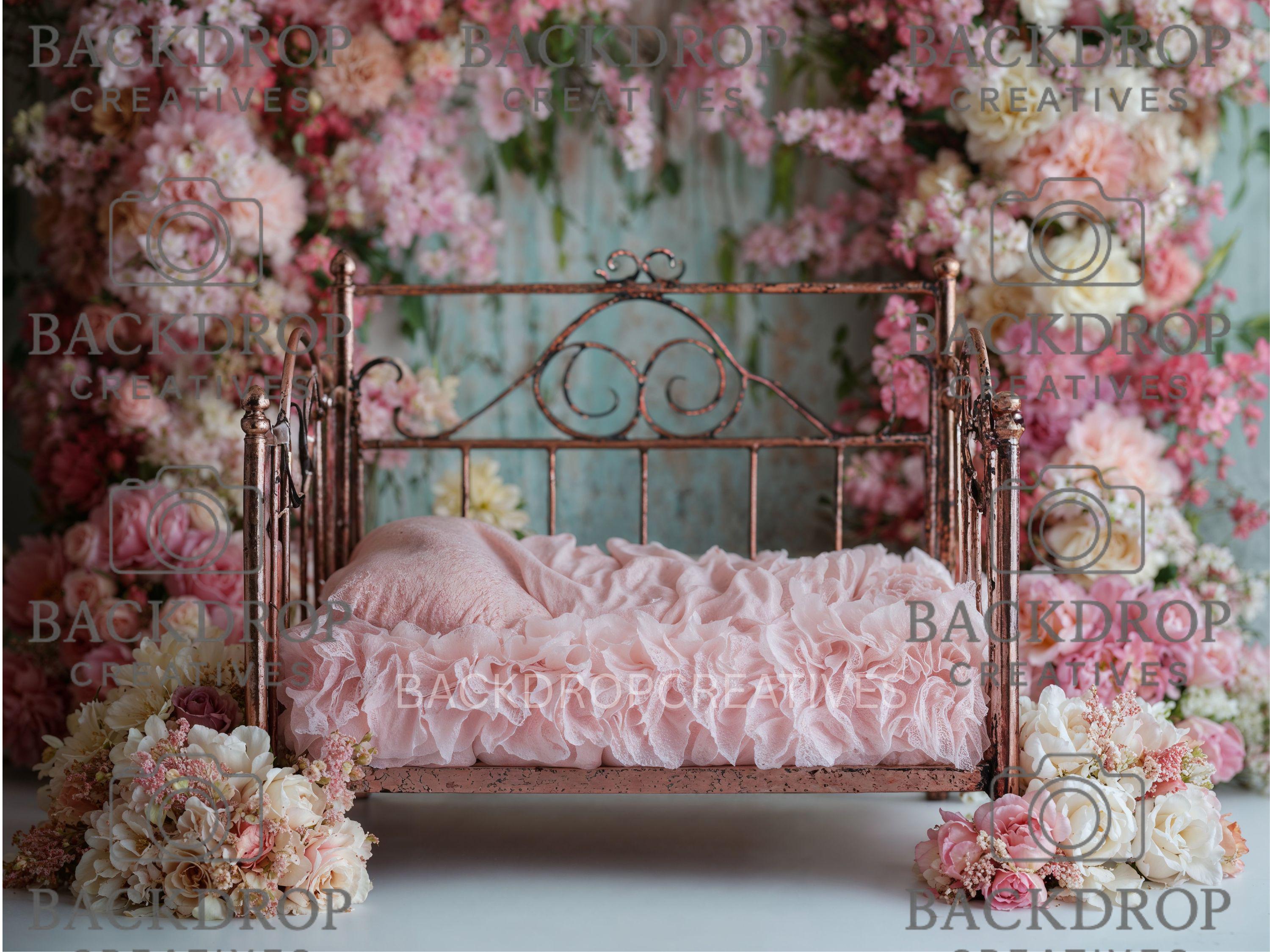 Iron Baby Pink Flower Bed 9 Digital Backdrop, Newborn Background, Baby Backdrop, Newborn Backdrops, Photoshop Background