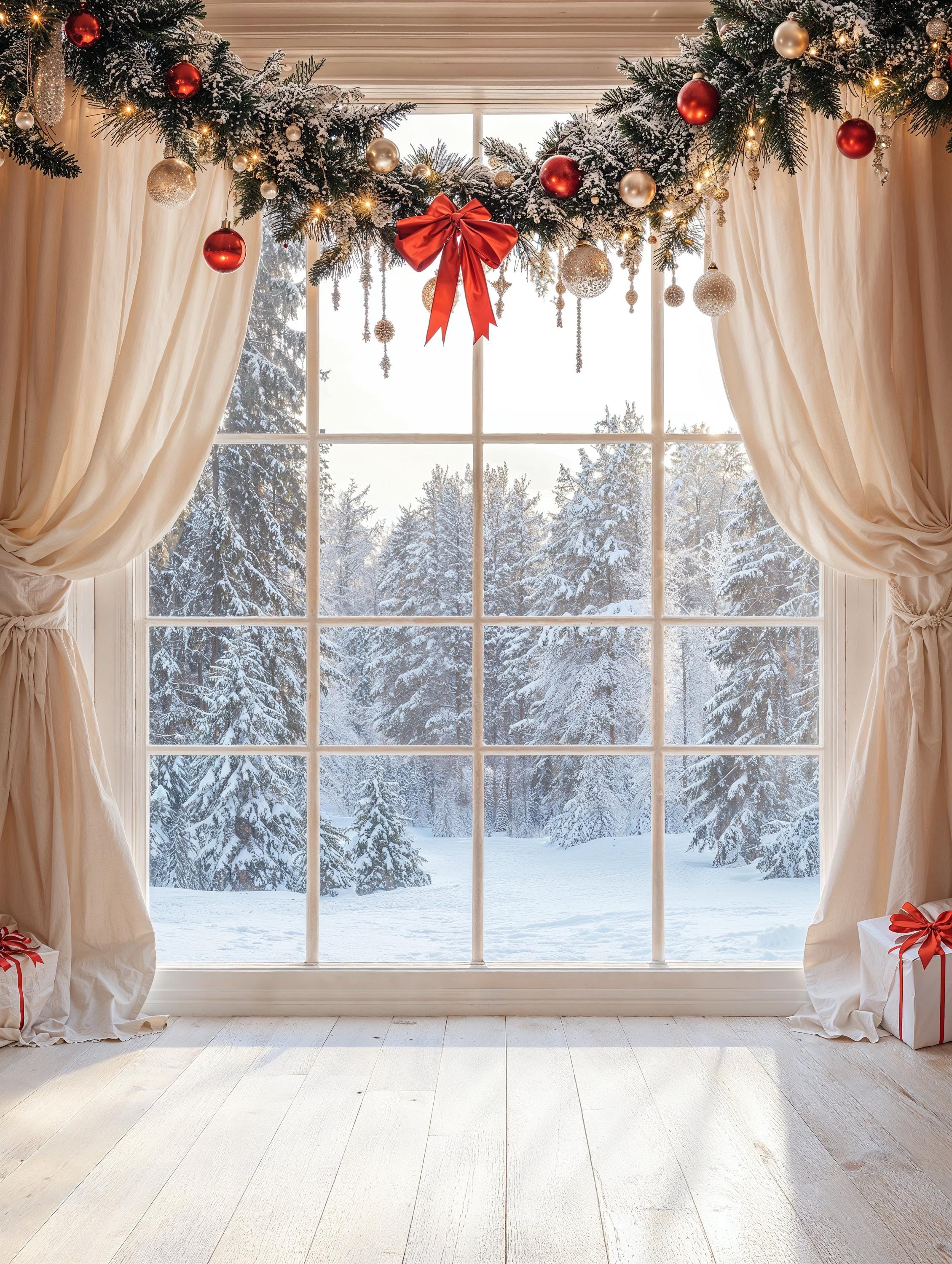 Winter Wonderland Window Digital Backdrop | Snowy Photo Backdrop | Romantic Winter | Holiday Photo Booth