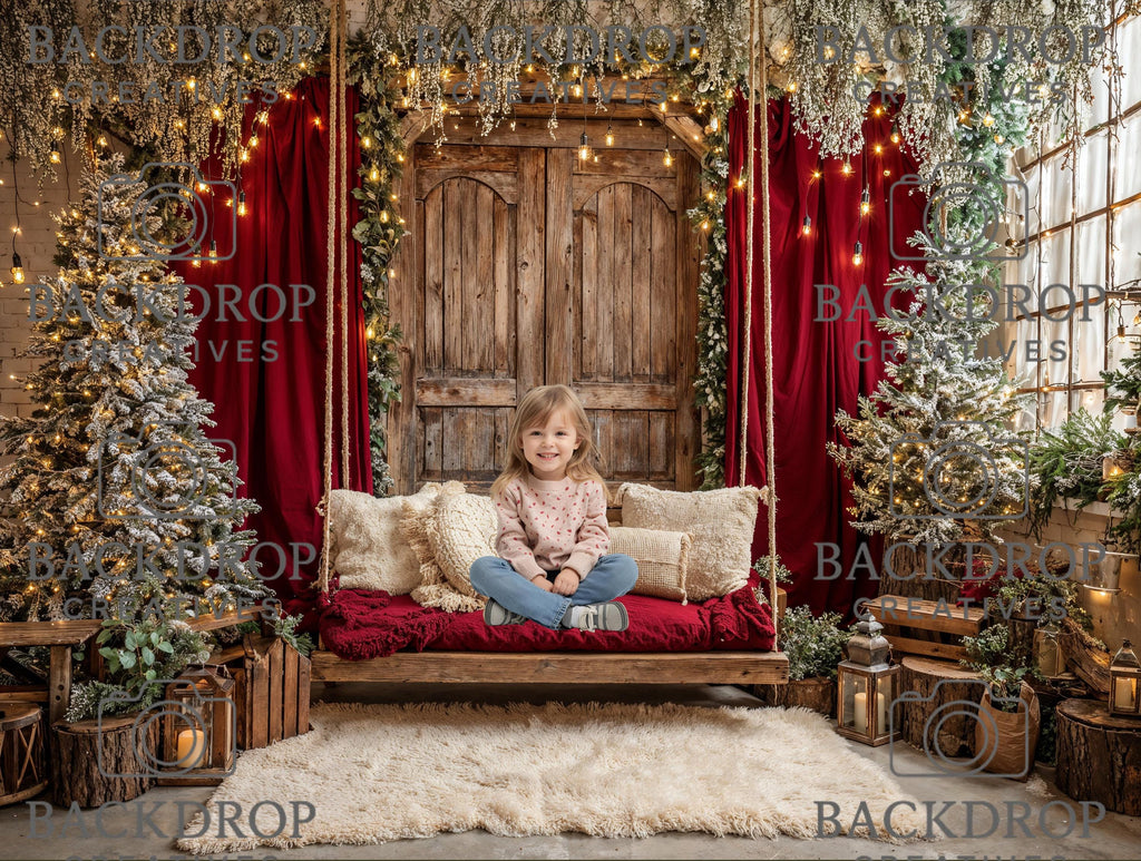 Red Christmas Backdrop | Christmas Swing Backdrop | Christmas Party Decor | Holiday Photo Booth Christmas Backdrop (Digital Download)