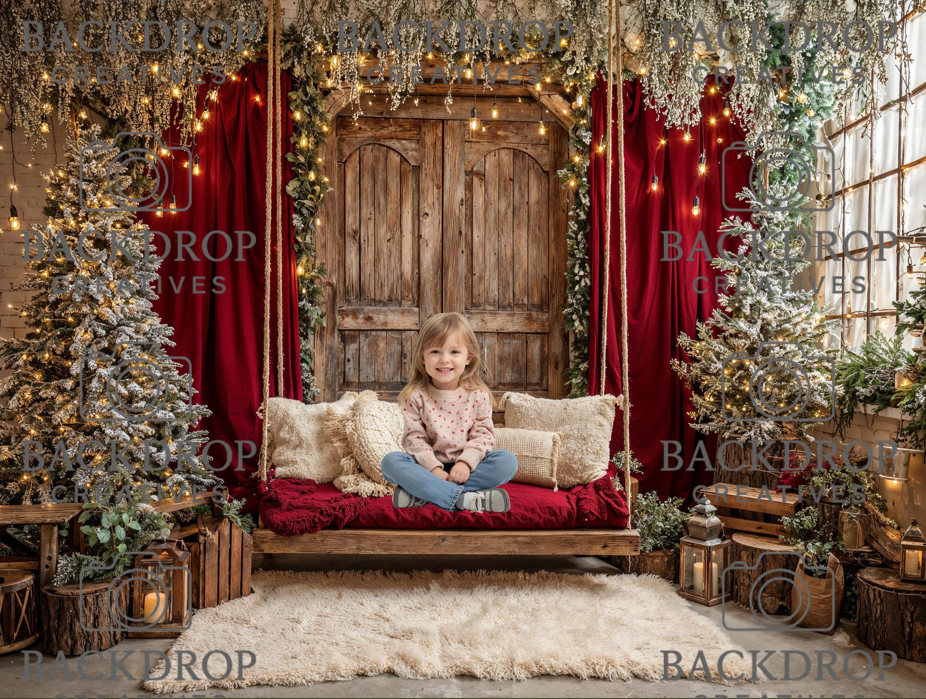 Red Christmas Backdrop | Christmas Swing Backdrop | Christmas Party Decor | Holiday Photo Booth Christmas Backdrop (Digital Download)