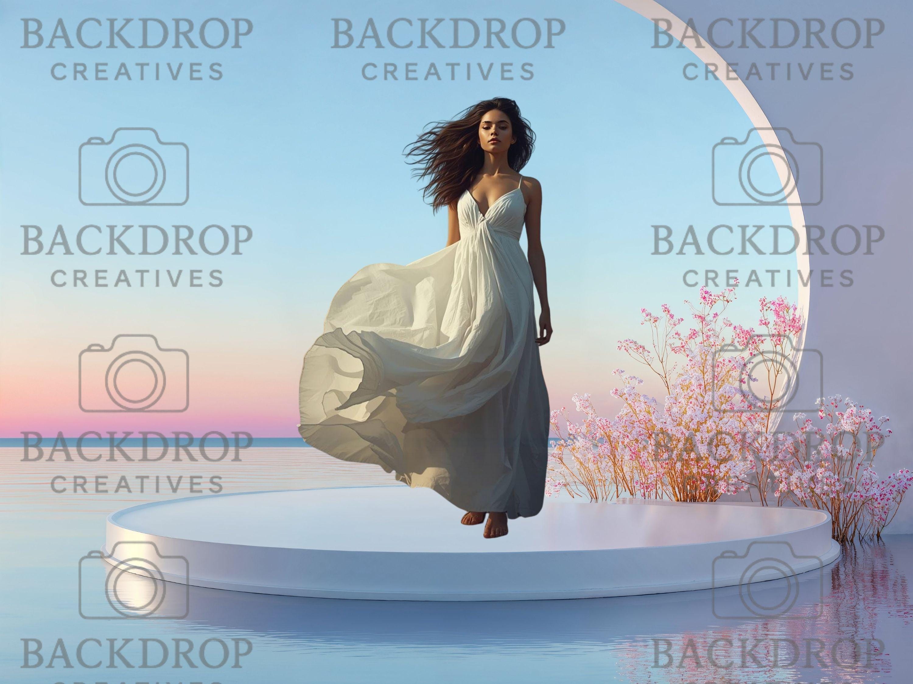 Water Podium Digital Backdrops Bundle – Pastel Ocean Sunset, Circular Arch Podium Stage & Cherry Blossom | Wedding, Maternity, Portrait